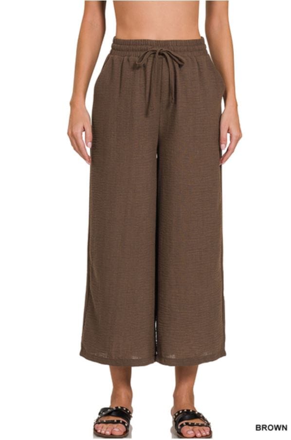 Brown Woven Crepe Drawstring Crop Pant