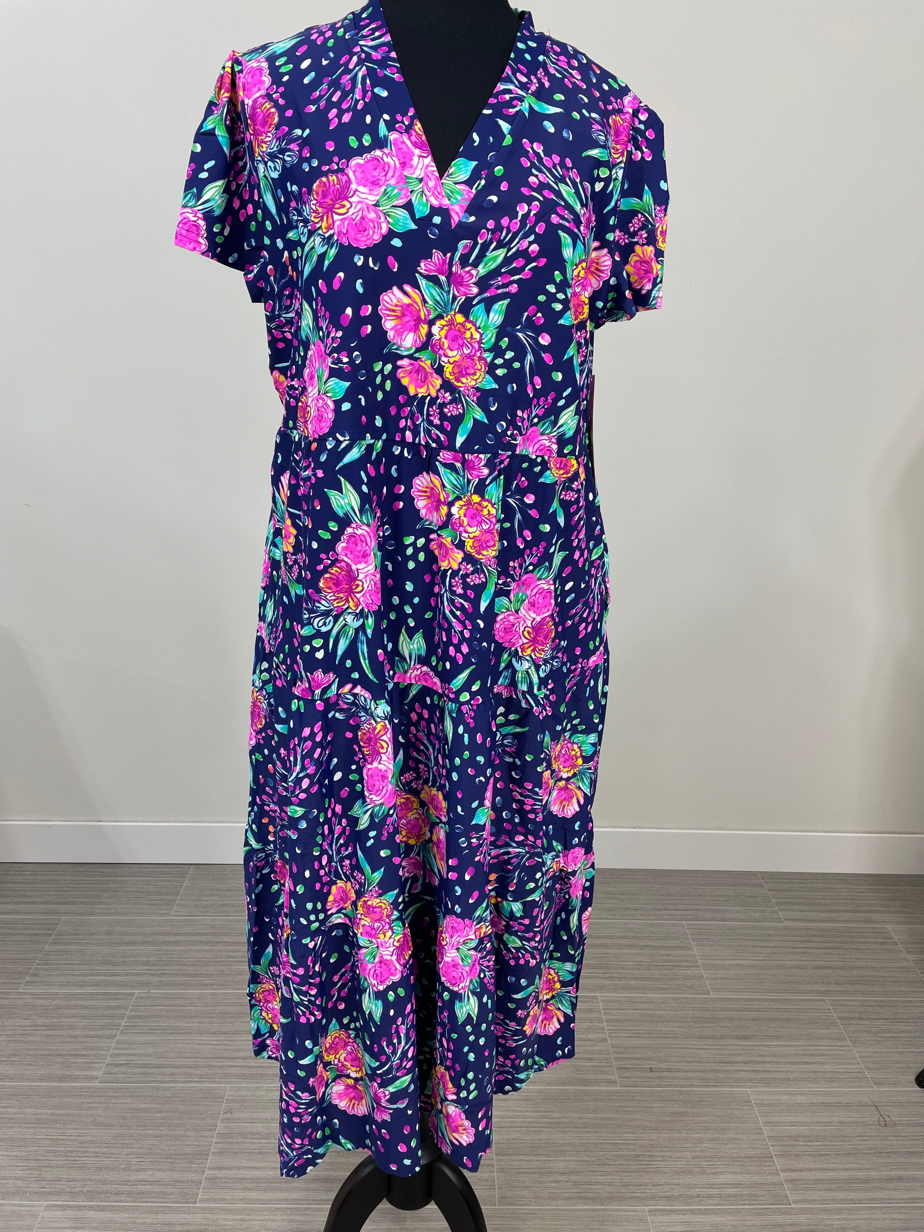 Navy & Pink Floral Gail Tiered Midi Dress