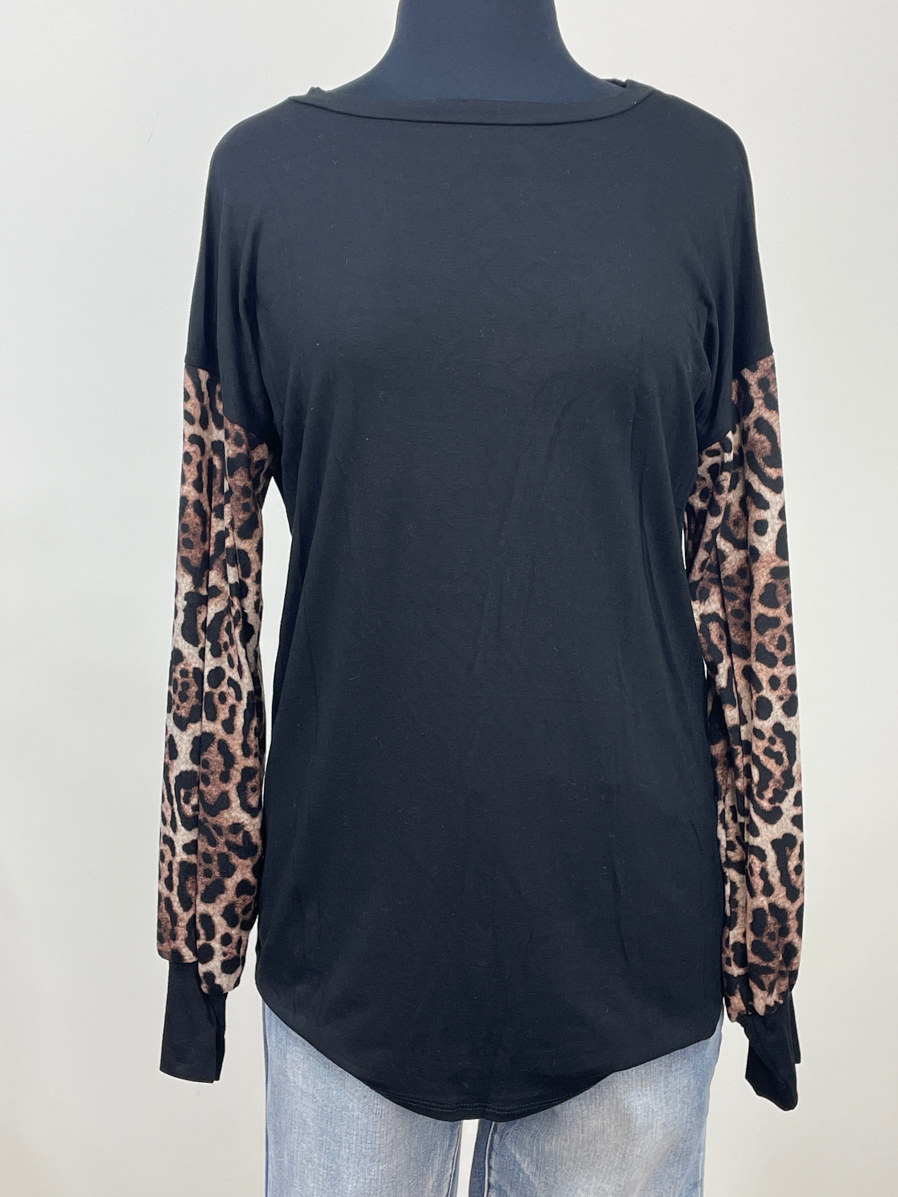 Black Animal Print Contrast Top