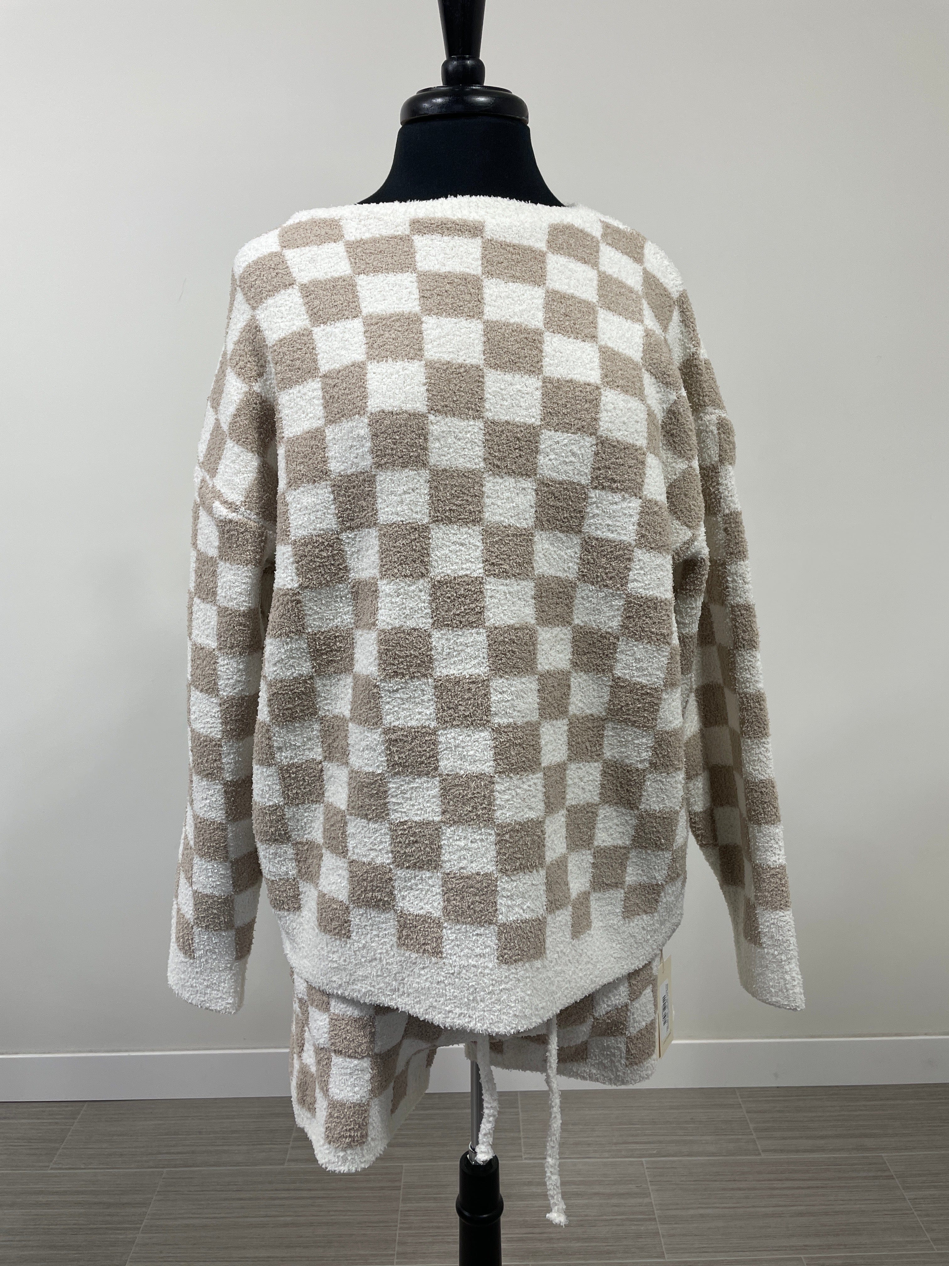 Beige Soft Checkered Crew Sweater