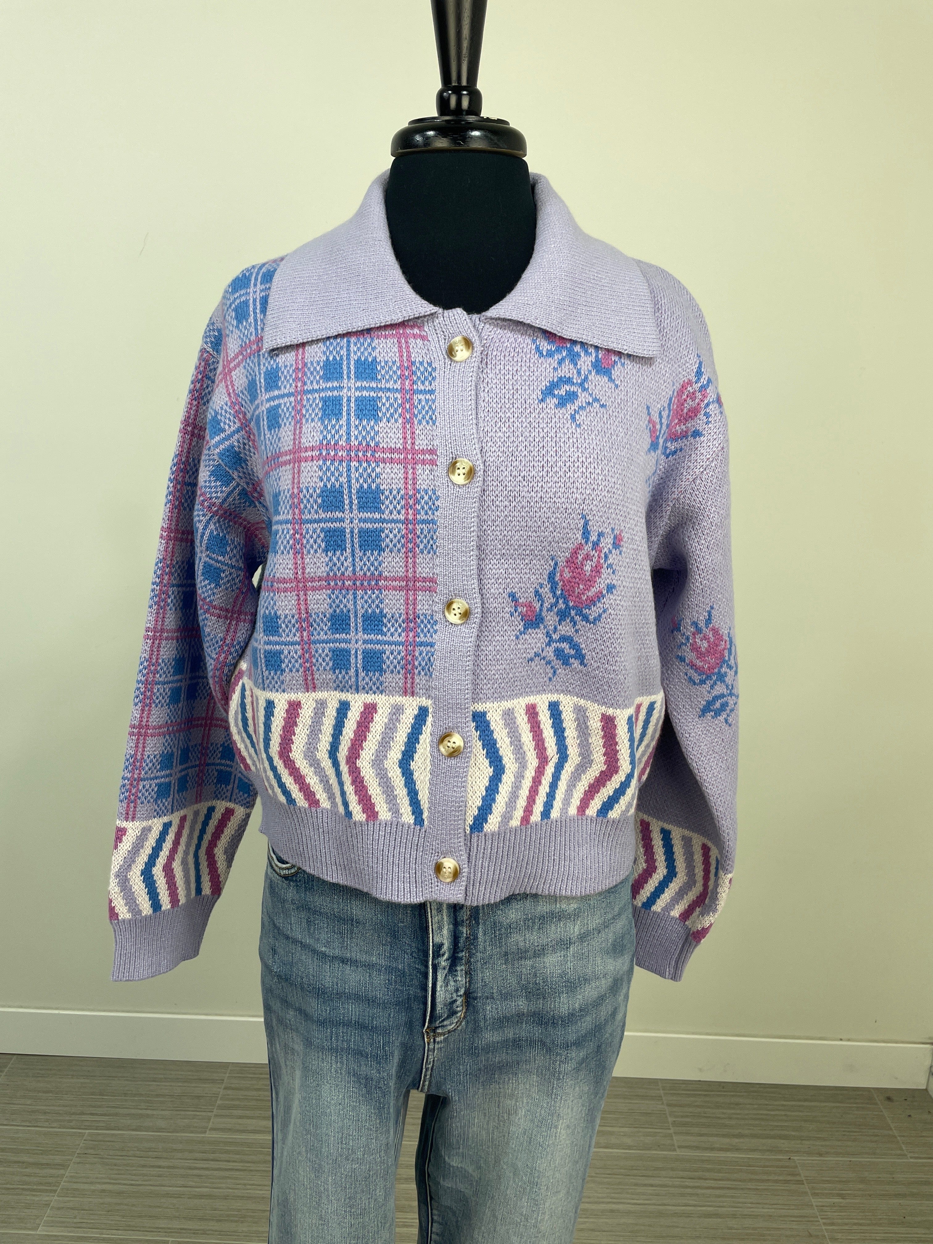 Lavender Plaid Knit Cardigan