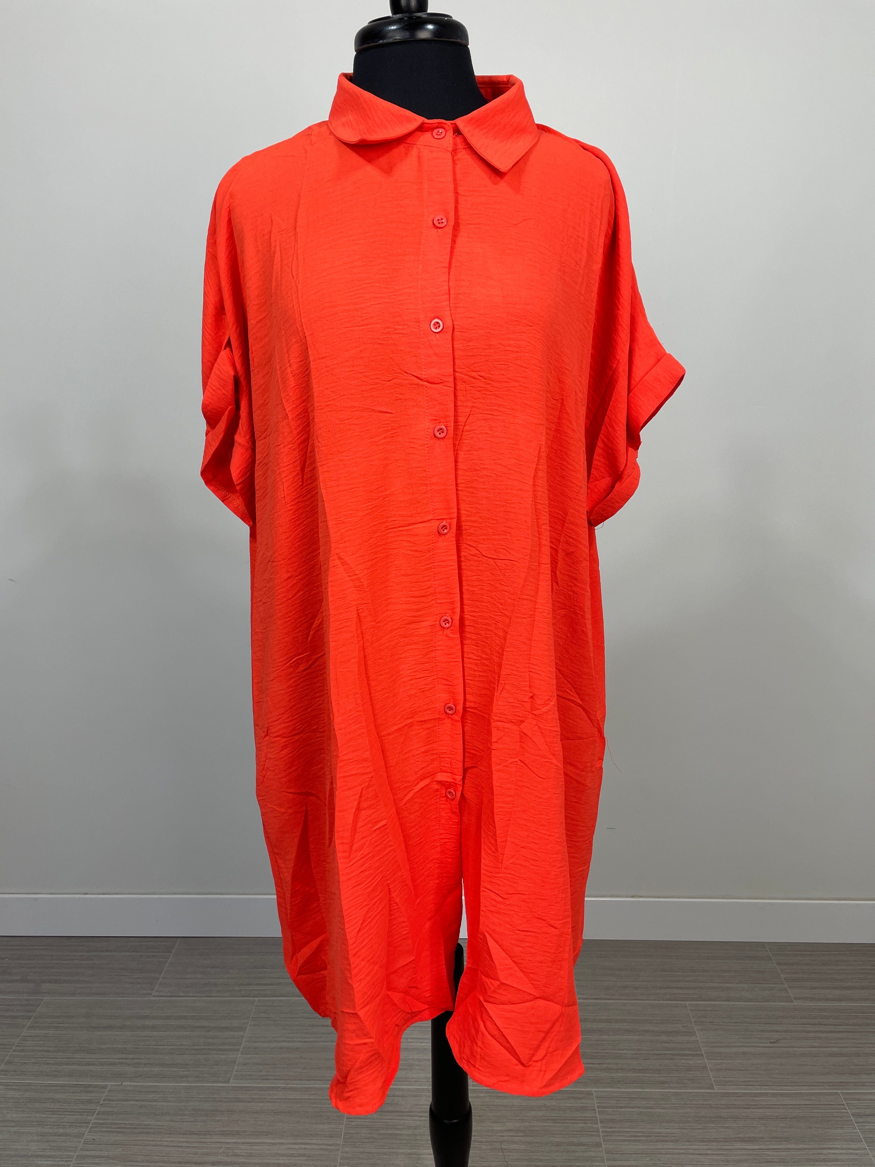 Orange Rolled Sleeve Button Dress