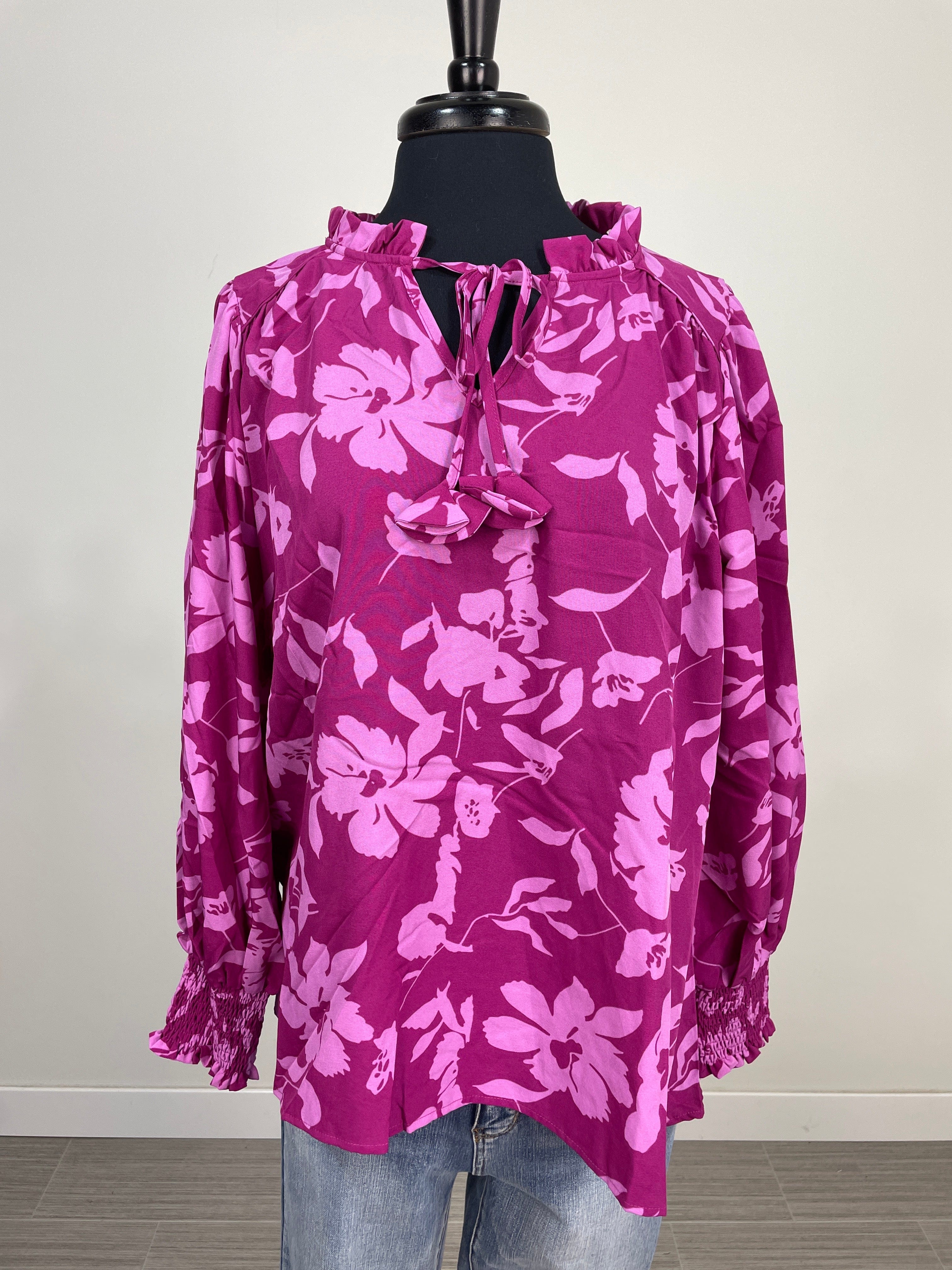 Berry Floral Printed Notch Neckline Blouse