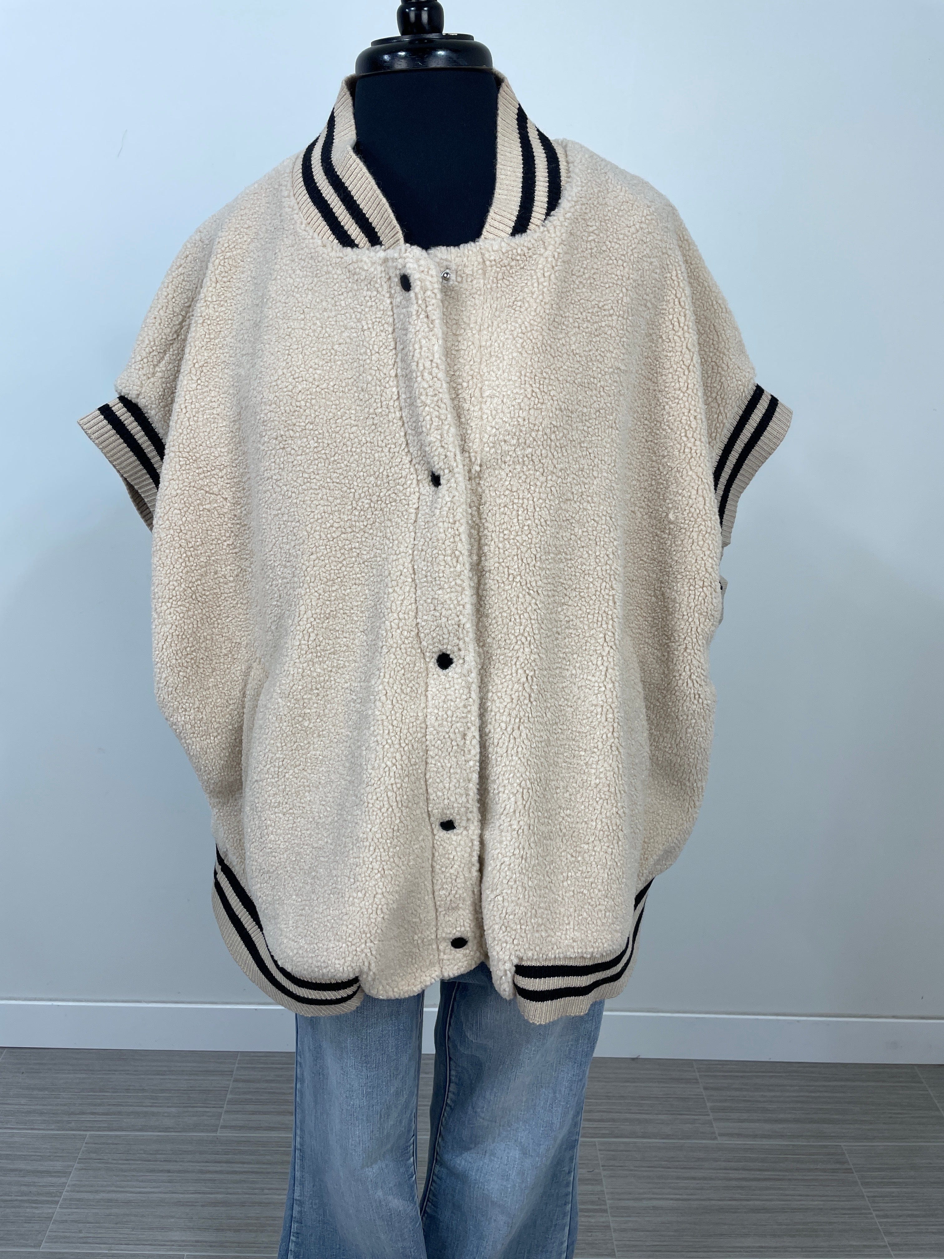 Beige & Black College Sherpa Vest