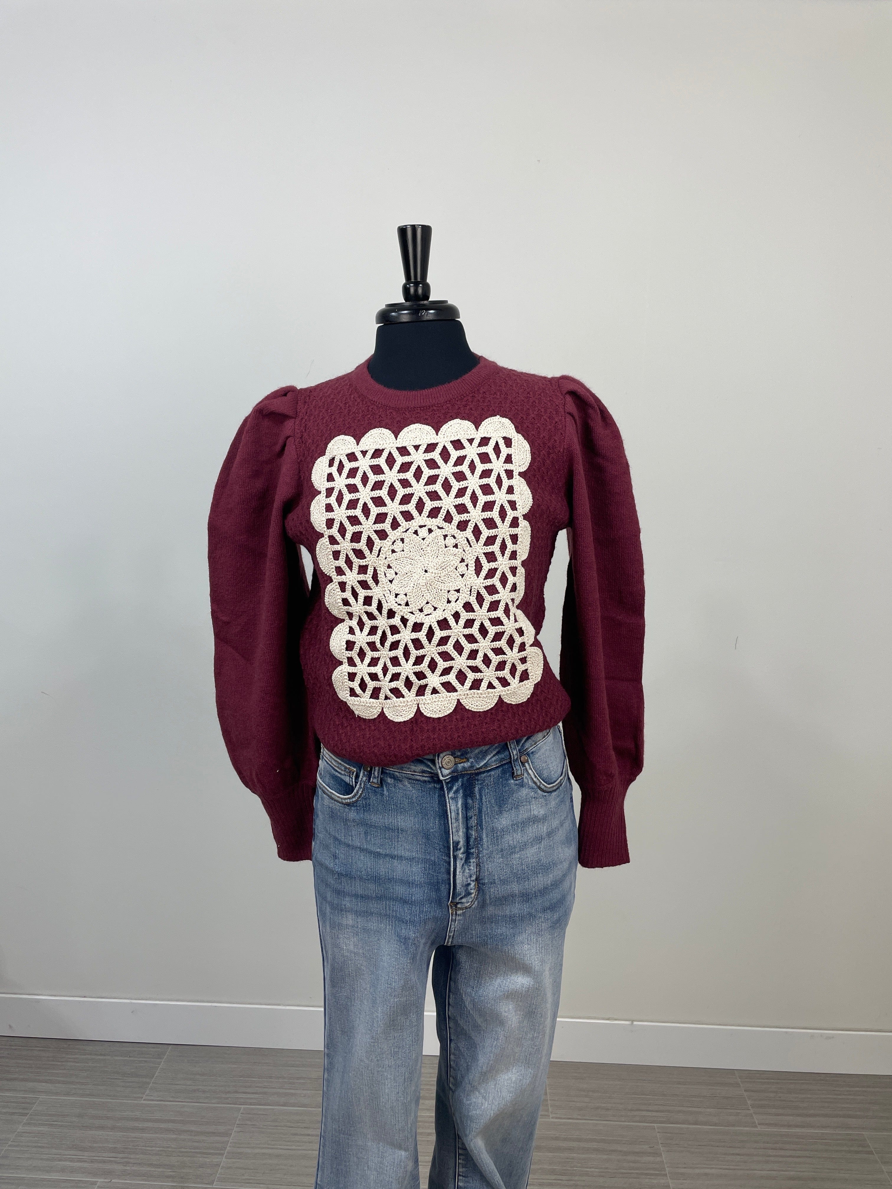 Burgundy Crochet Square Sleeveless Sweater