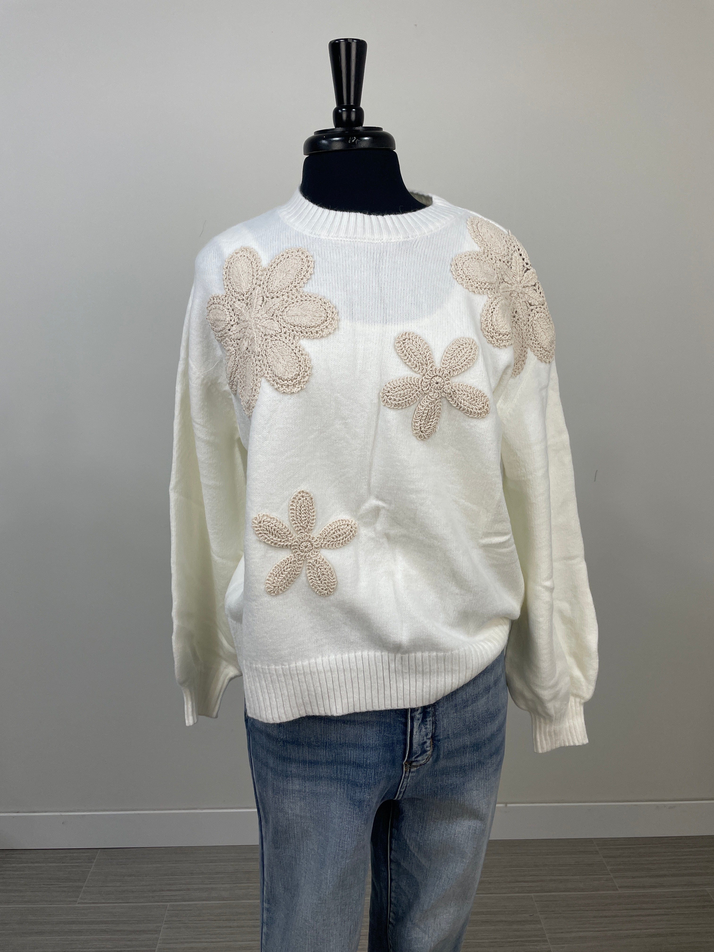 White Crochet Embroidered Flower Sweater