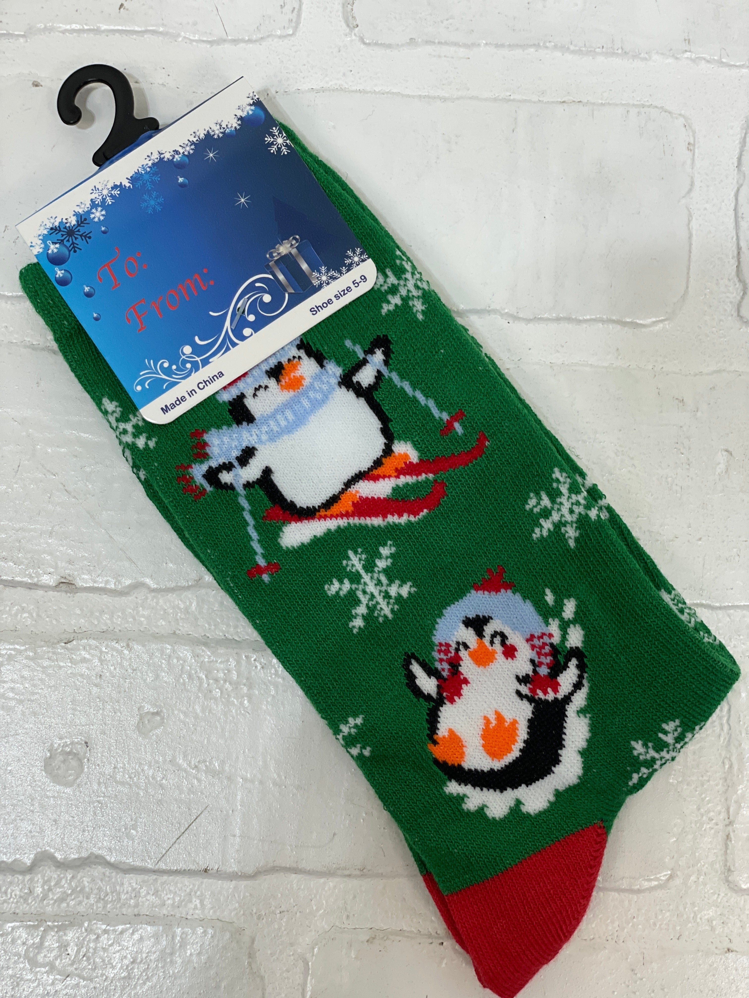 Green Skiing Penguins Socks
