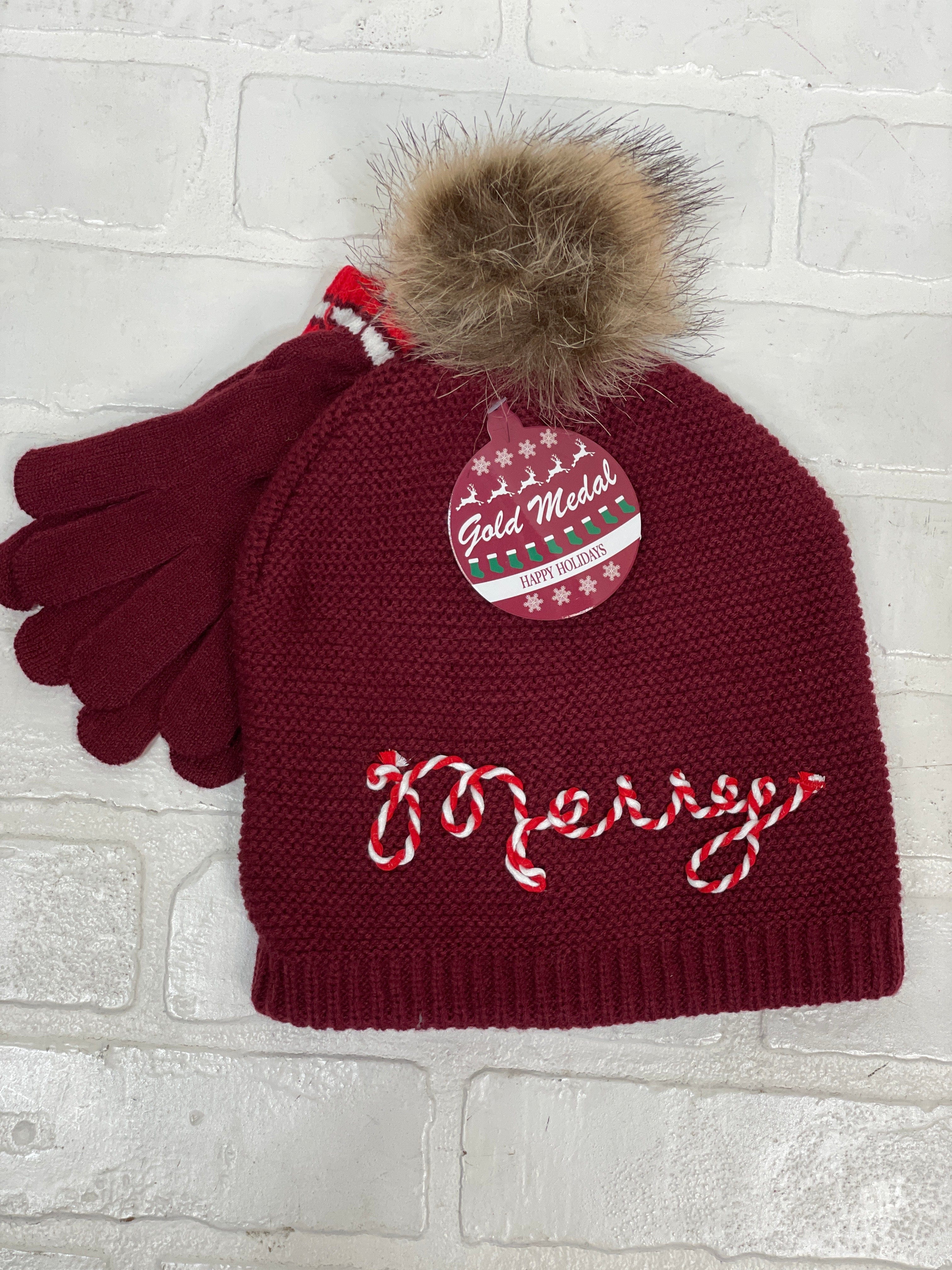 Merry Burgundy Hat & Glove Set
