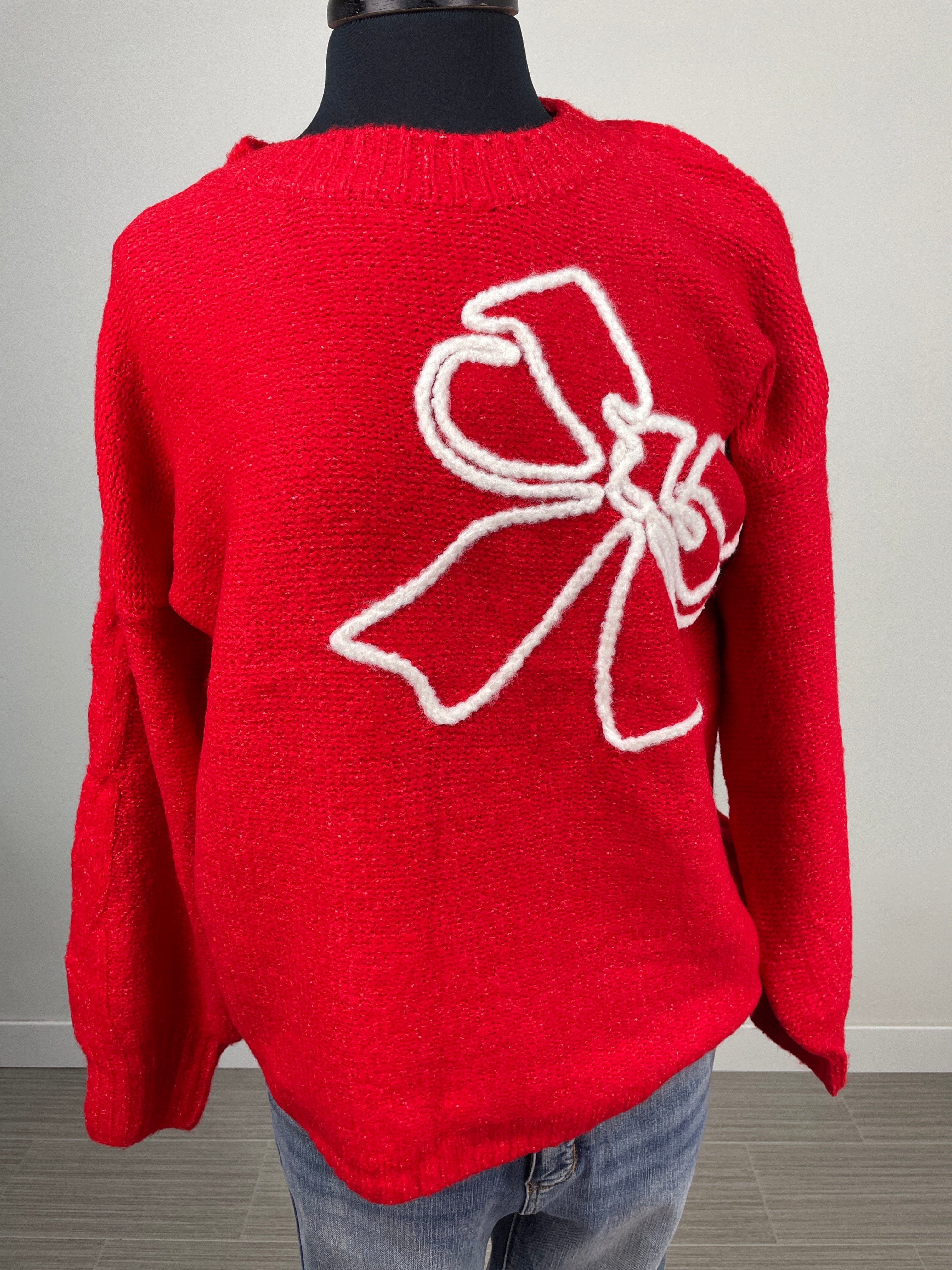 Red Embroidered Bow Knit Sweater