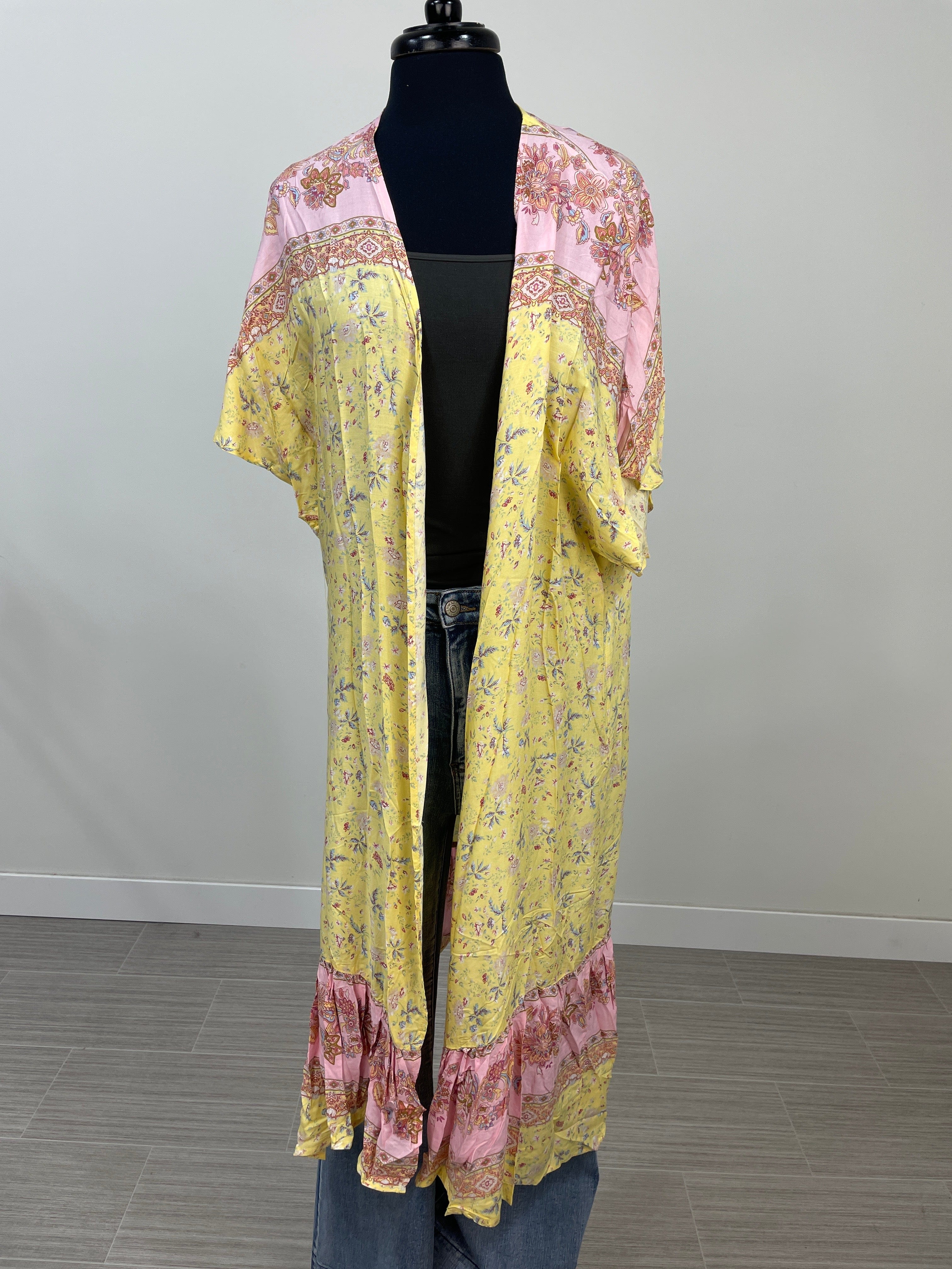 Yellow Floral Ruffle Hem Kimono