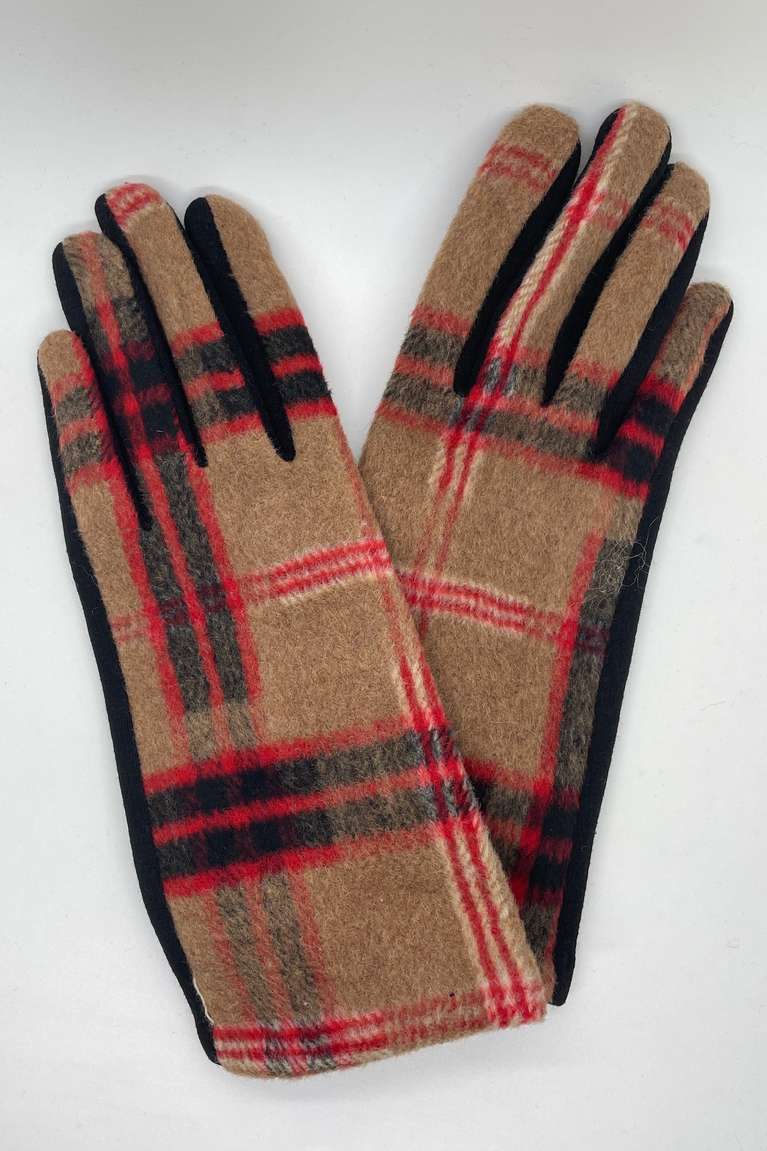 Camel Windowpane Plaid Smart Touch Glove Deatiled