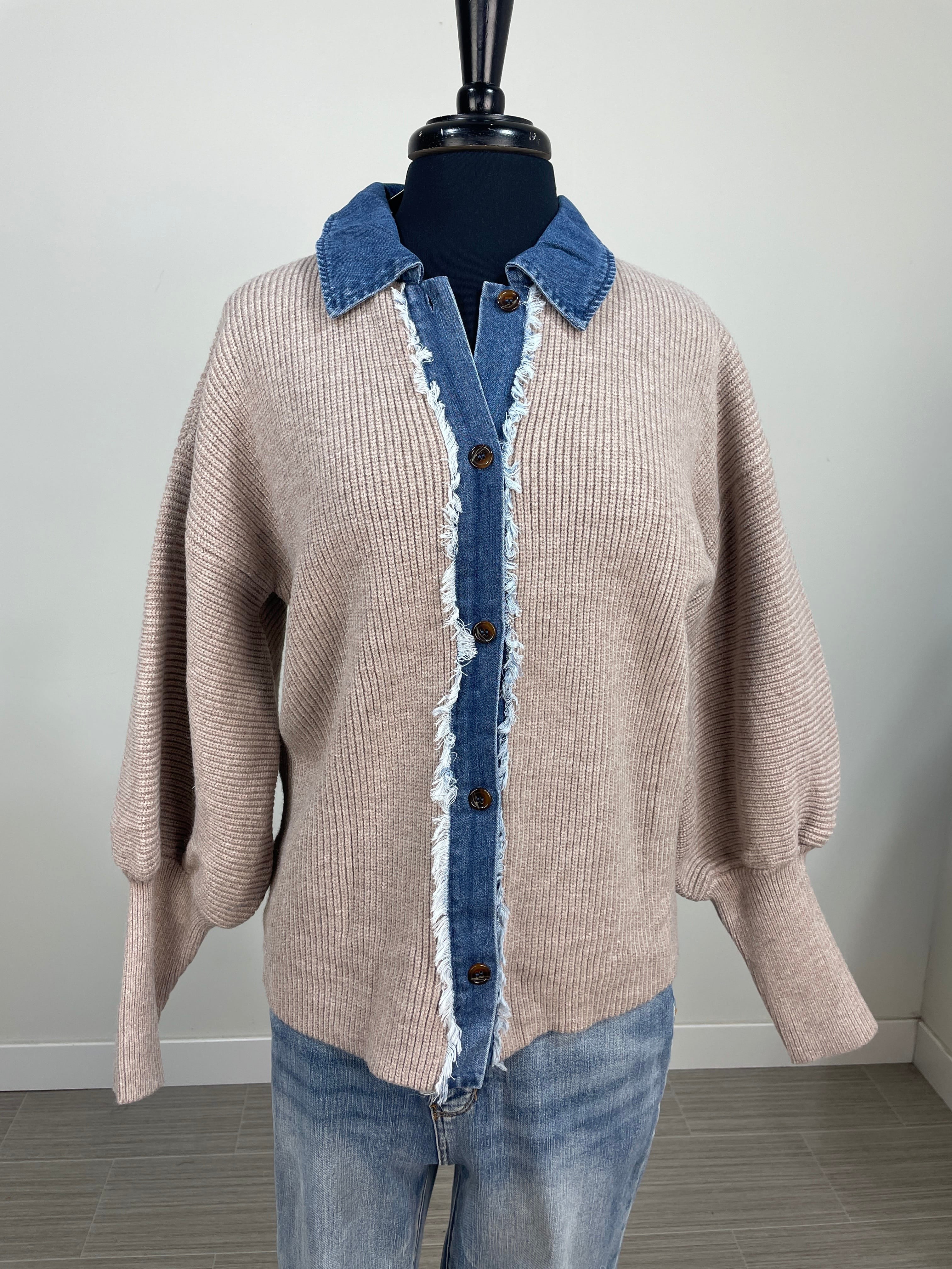 Light Mocha Denim Collar Ribbed Sweater