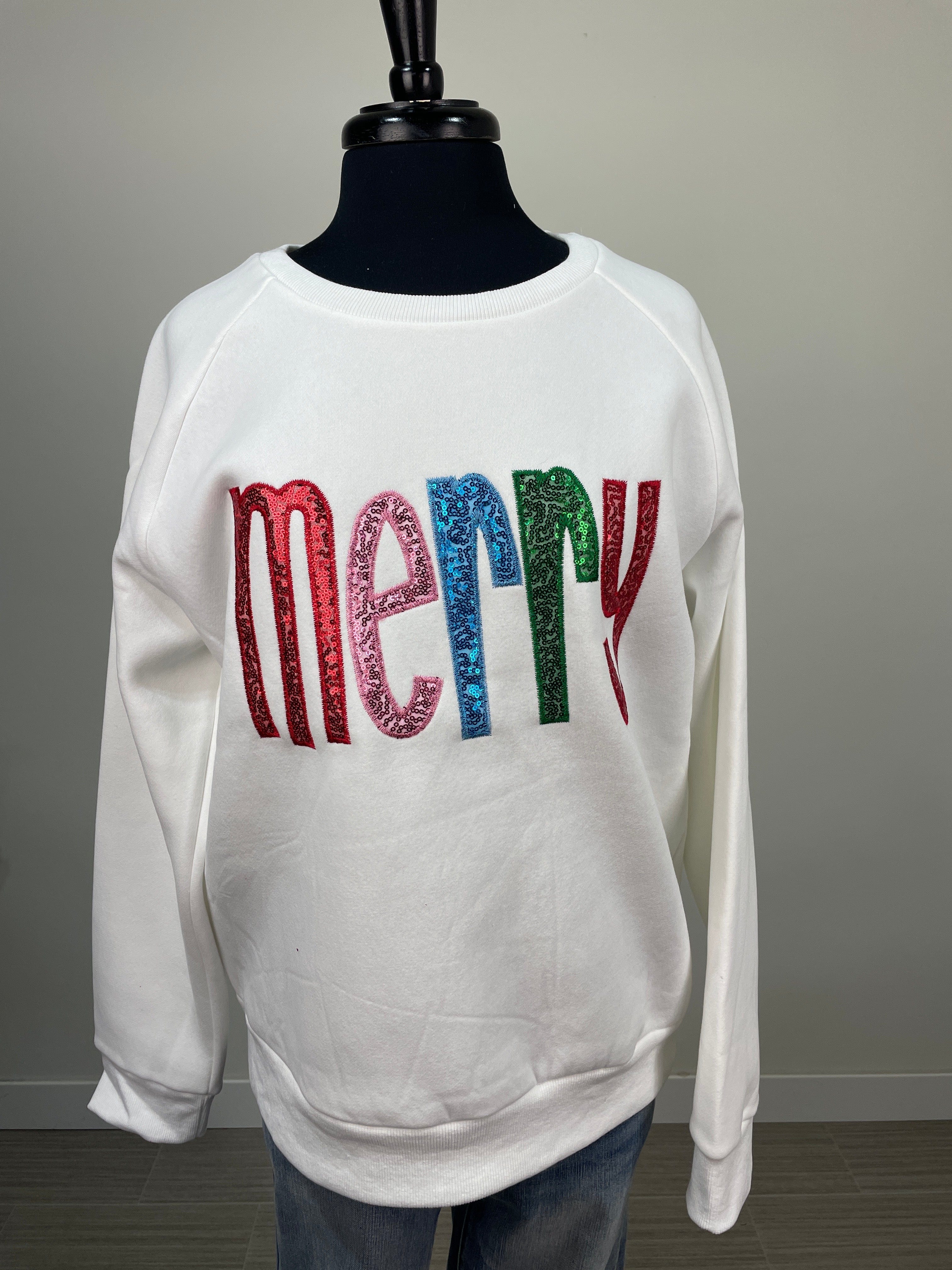 White Merry Sequin Letter Sweatshirt