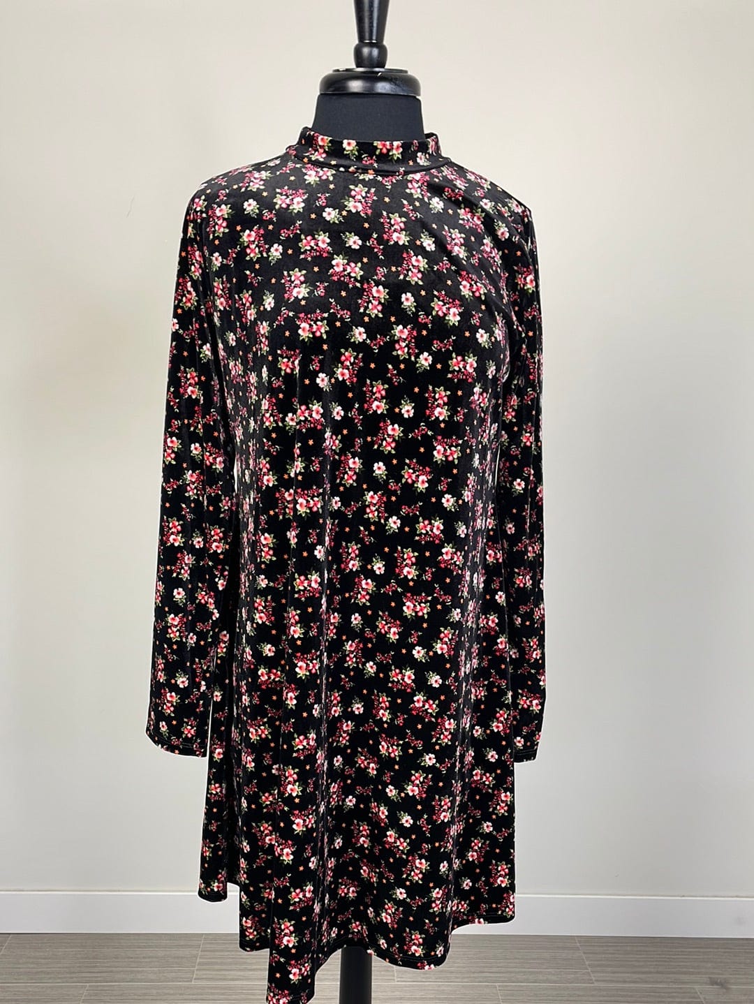 Crushed Velvet Floral Mock Neck Dress