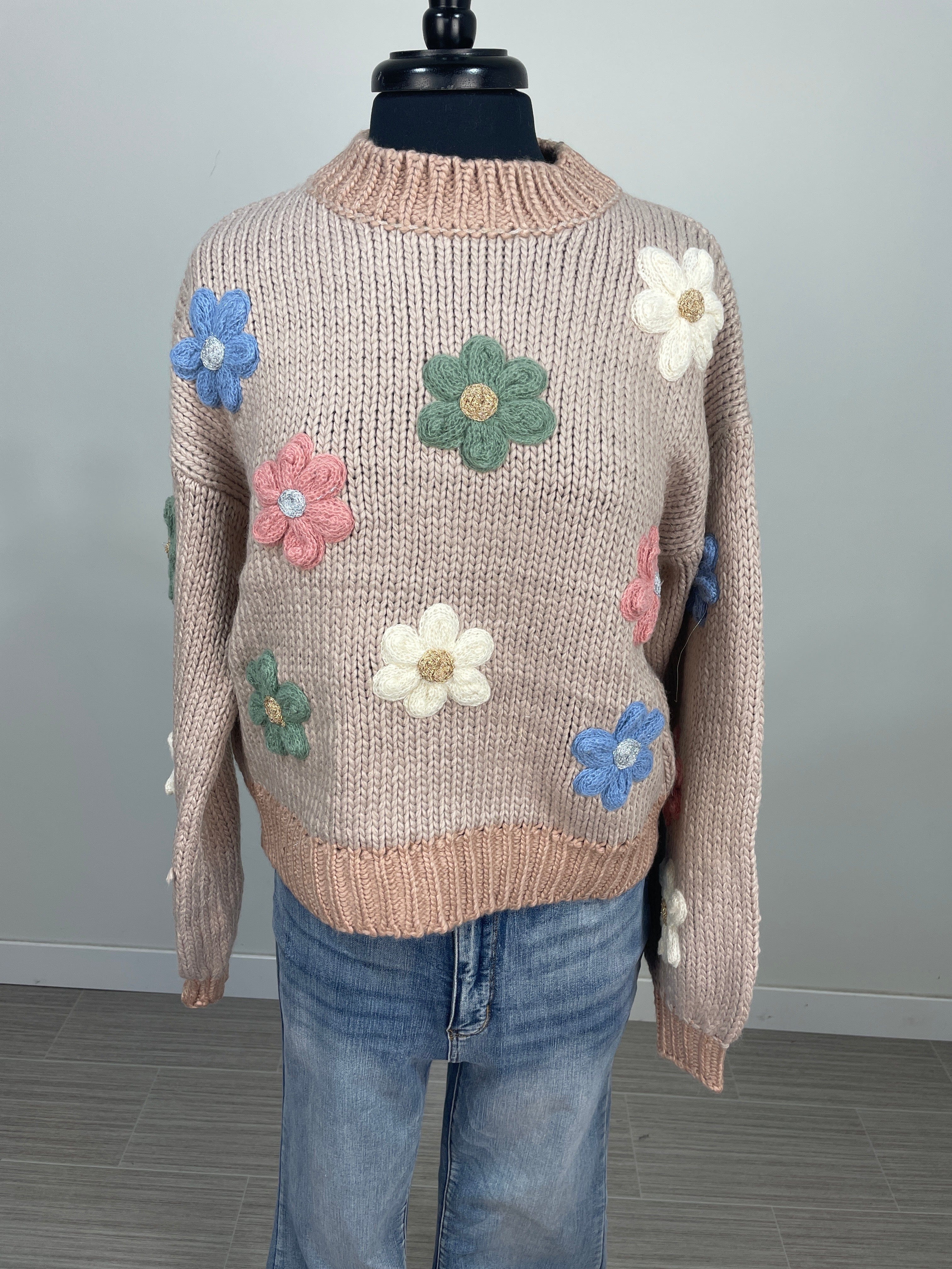 Knit Flowers on Taupe Sweater