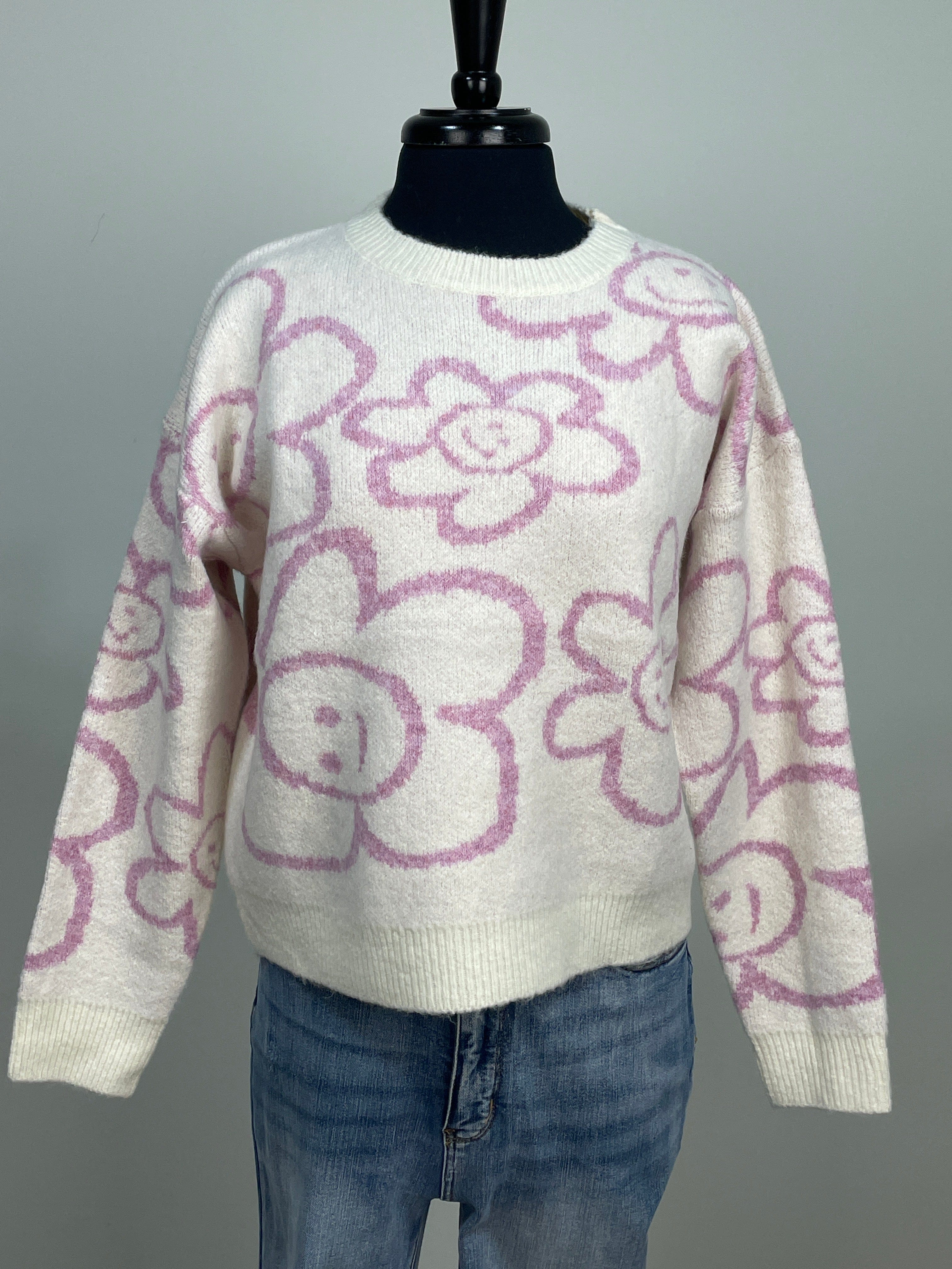 Pink Floral Smiley Face Sweater