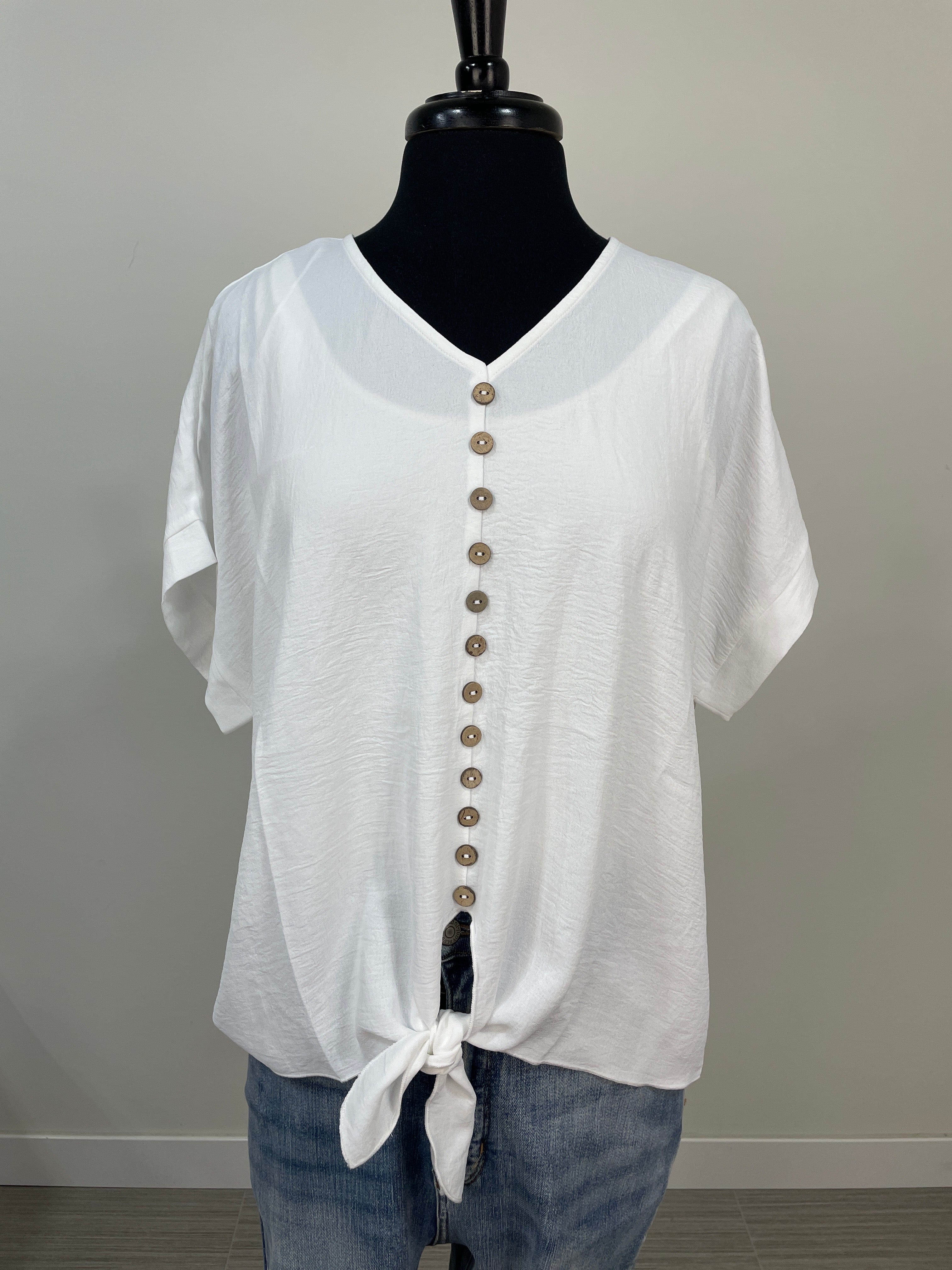 White Textured Button Tie Top