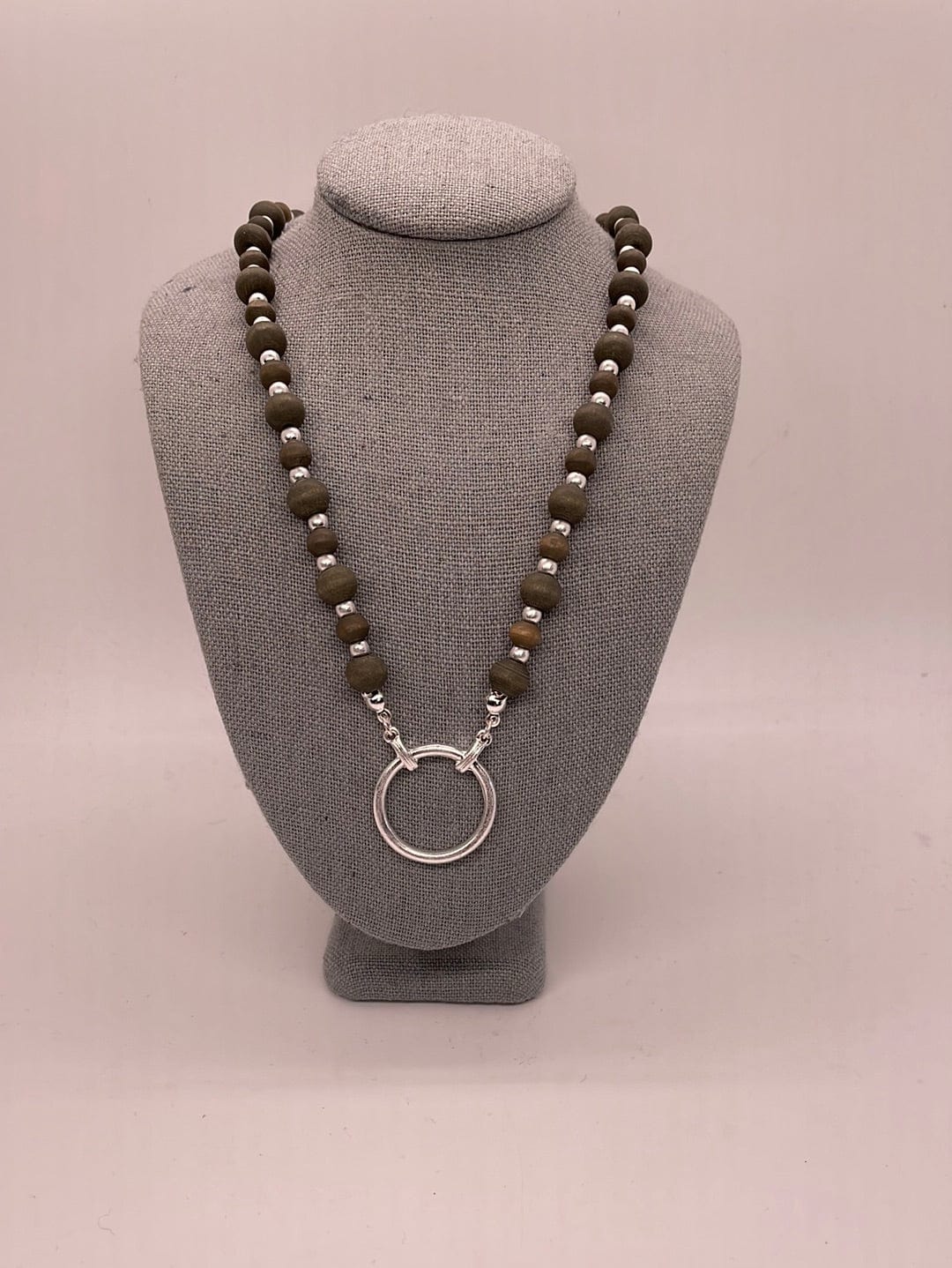 Gray Wood Bead & Silver Circle Necklace