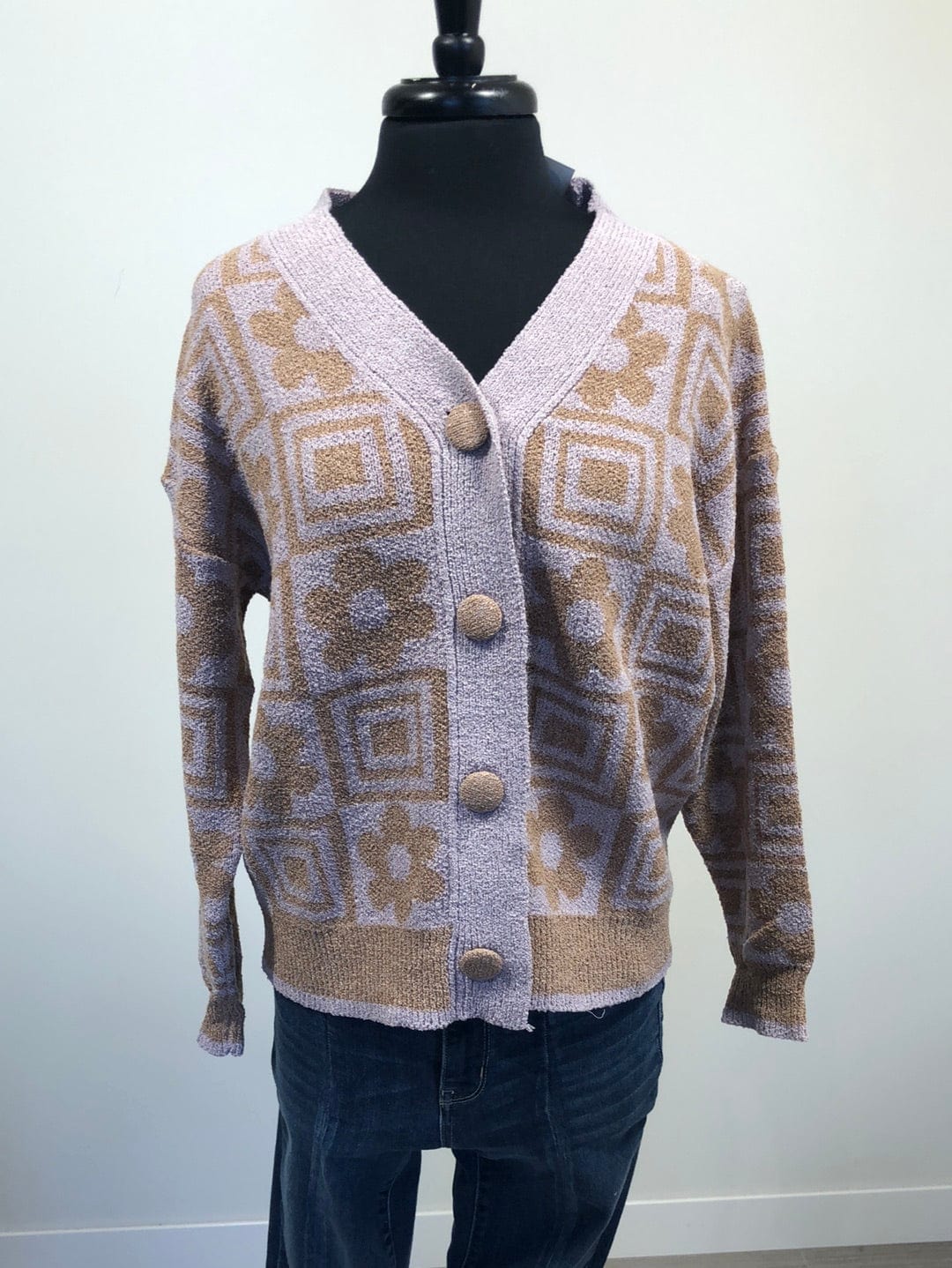 Lavender & Brown Retro Flower Button Sweater