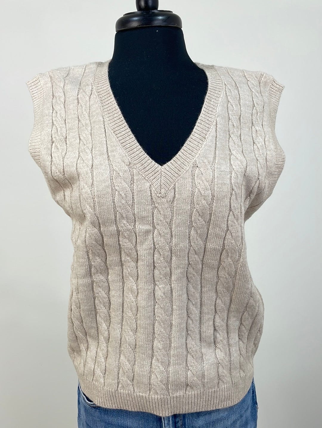 Beige Cable VNeck Vest Sweater