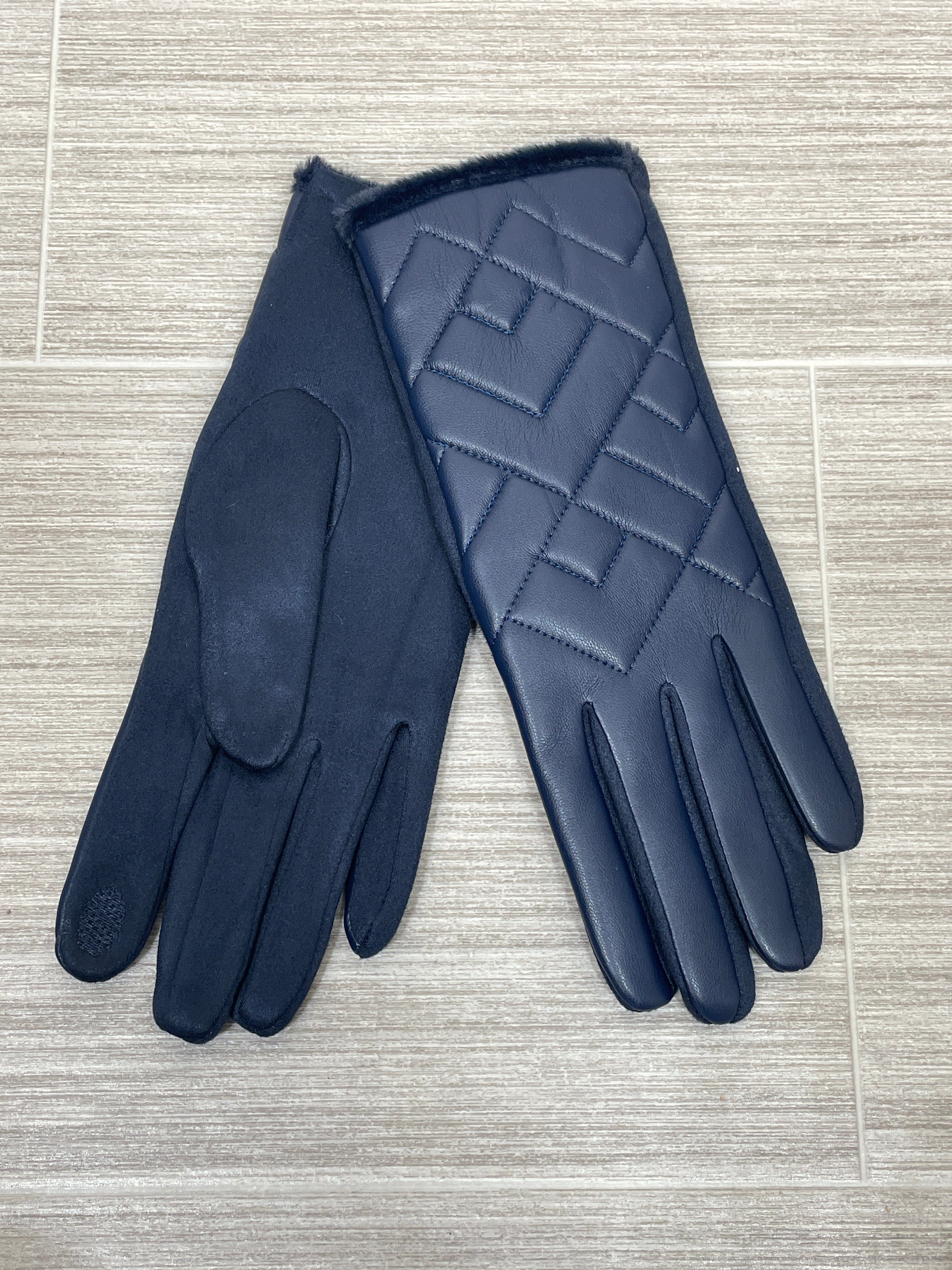 Navy Diamond Quilted Faux Fur Glove