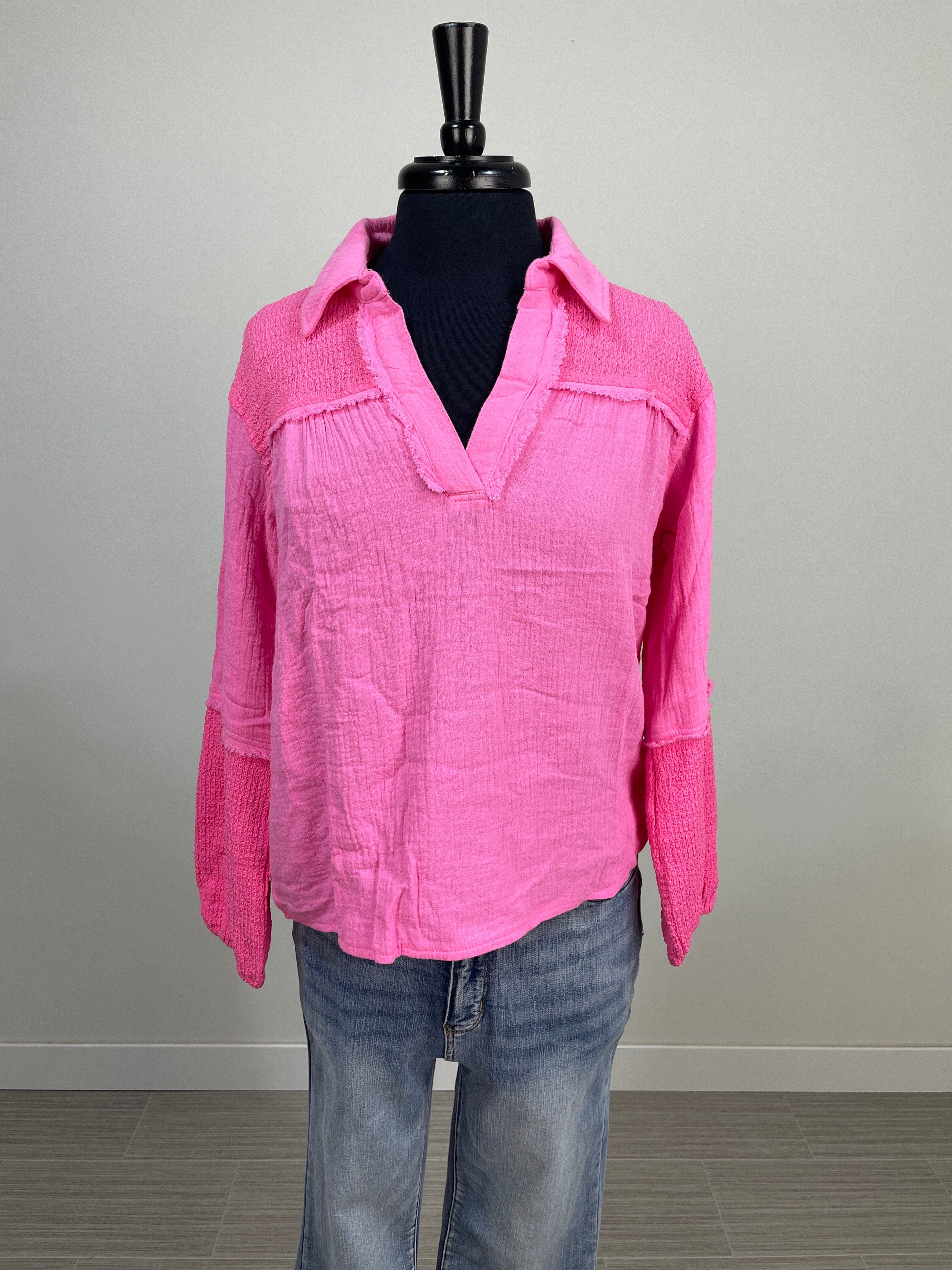 Candy Pink Mix Fabric Collar Top