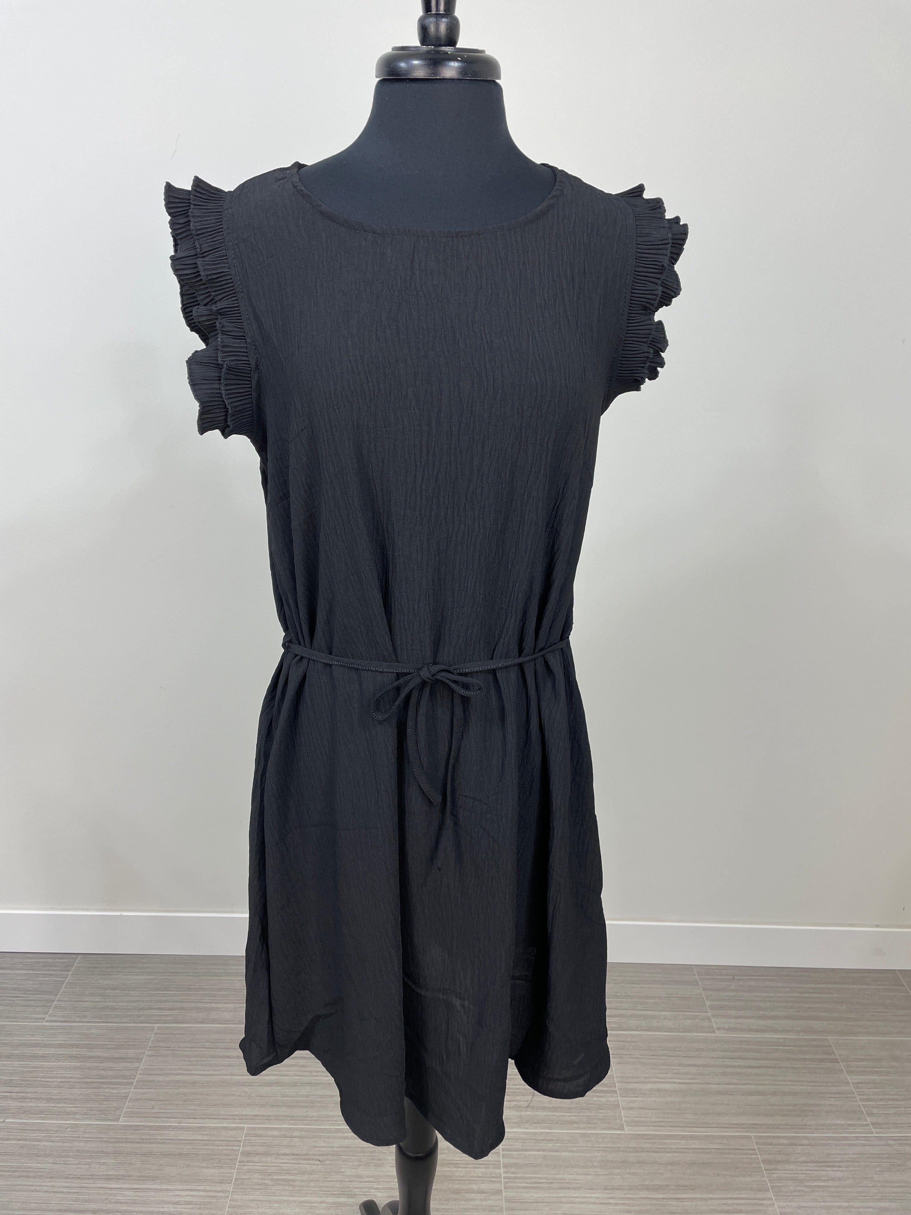 Black Double Ruffle Cap Sleeve Dress