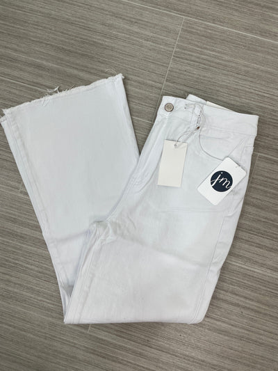 White High Waist Frayed Hem Bootcut Denim