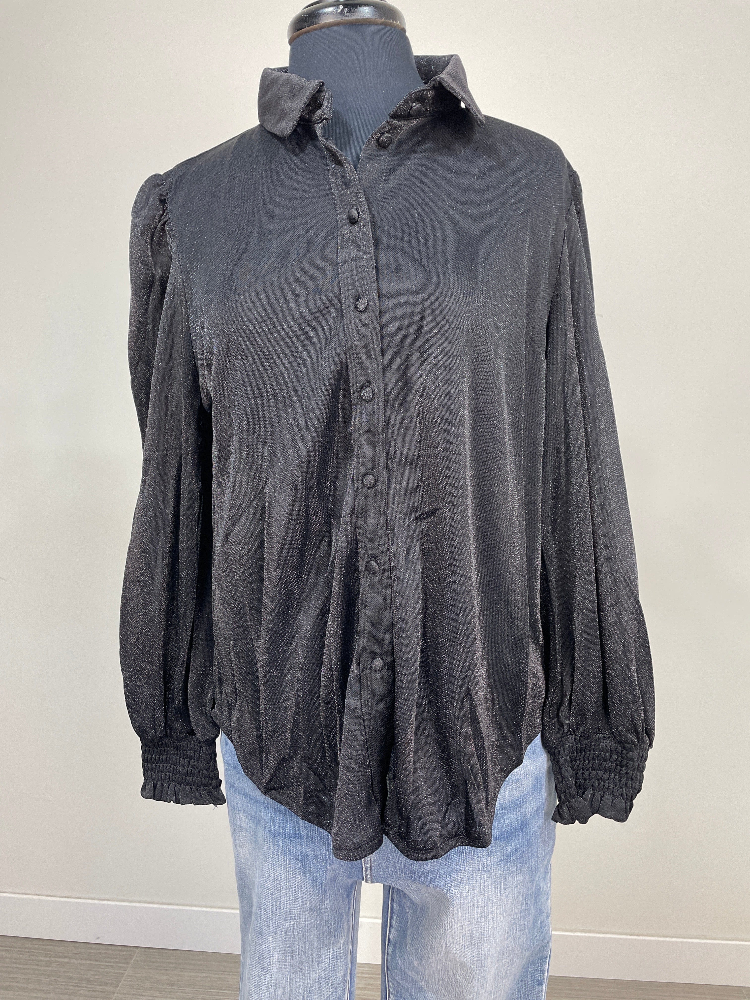 Black Knit Shirt with Smocking Cuff