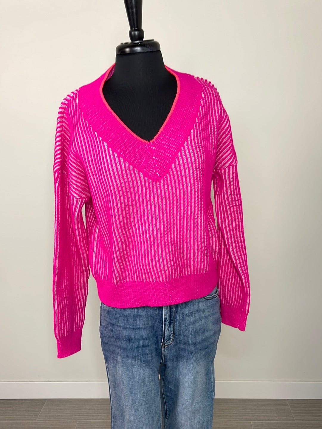 Hot Pink & White Vneck Sweater