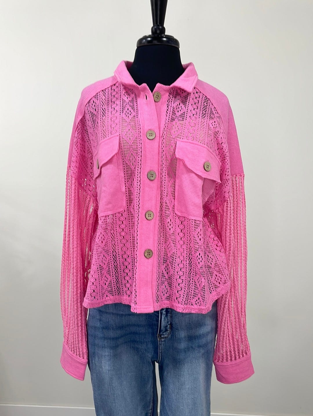 Pink Lace Hollow Out Button Blouse