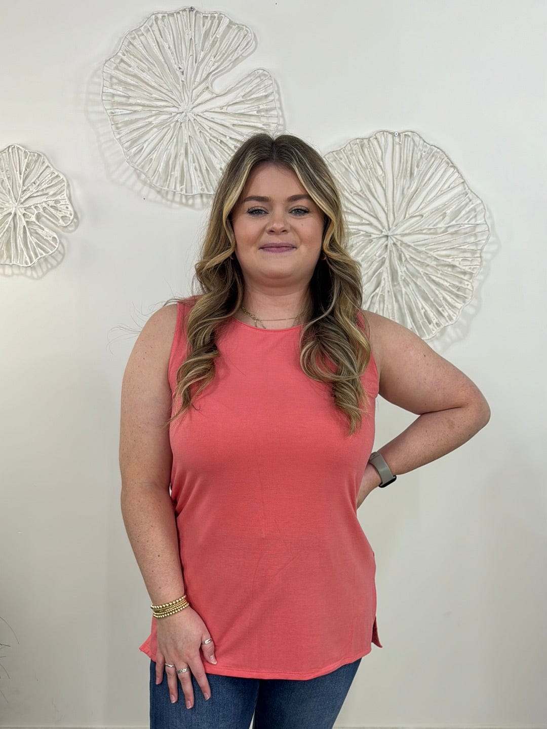 Deep Coral Sleeveless Round Top