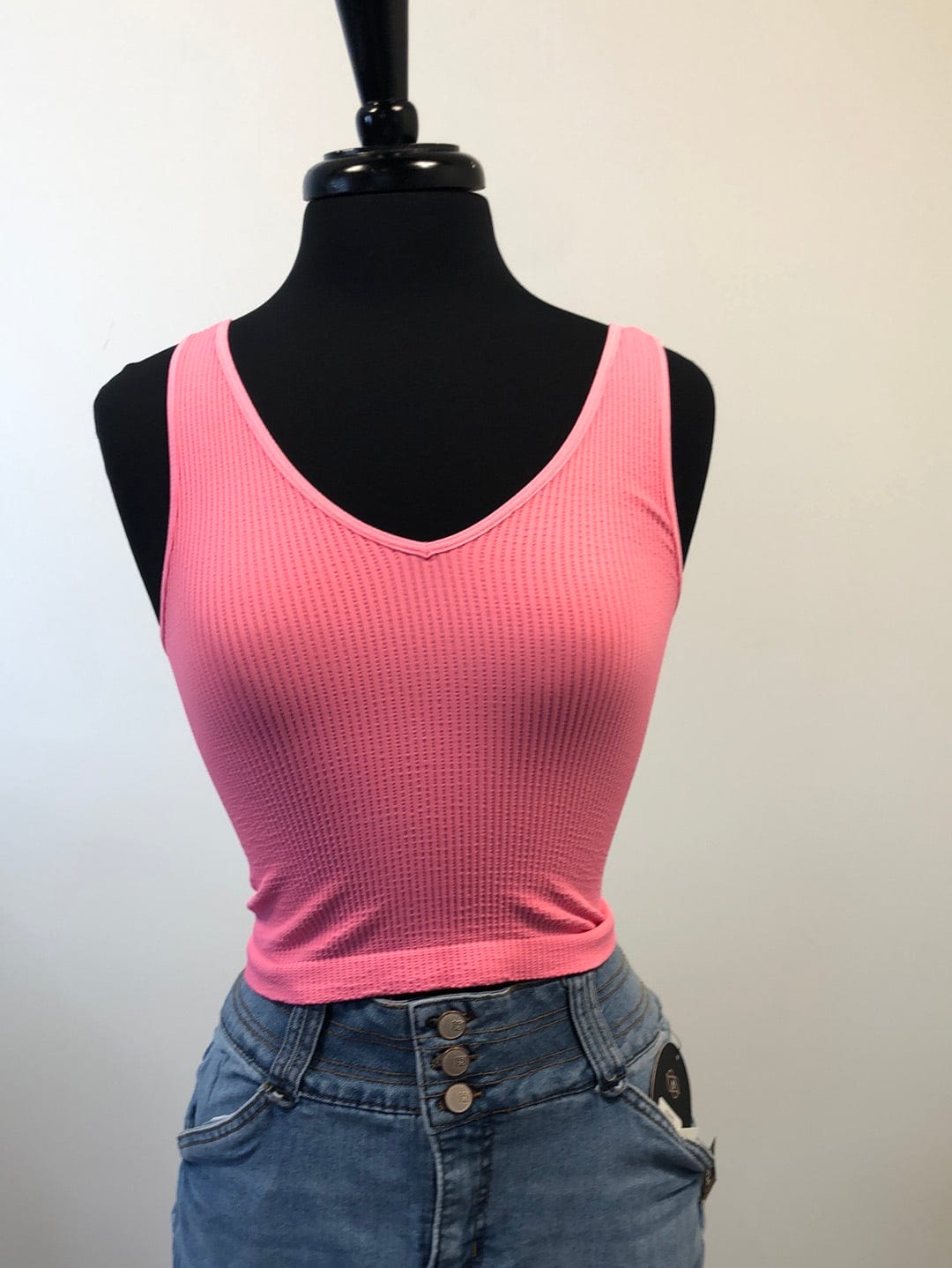Pink Cosmos V-Neck Ribbed Crop Top