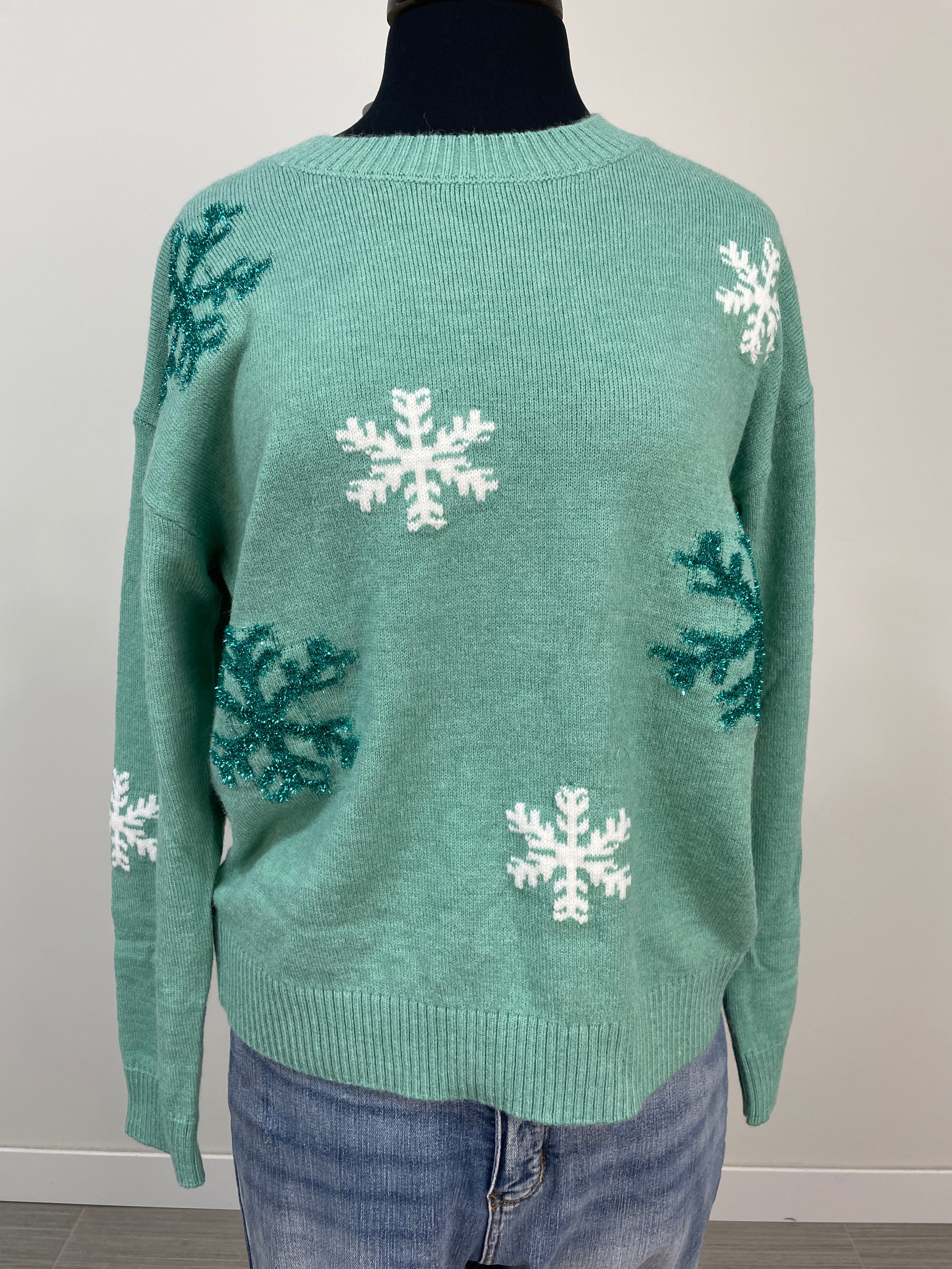 Light Jade Sequence Snowflake Sweater