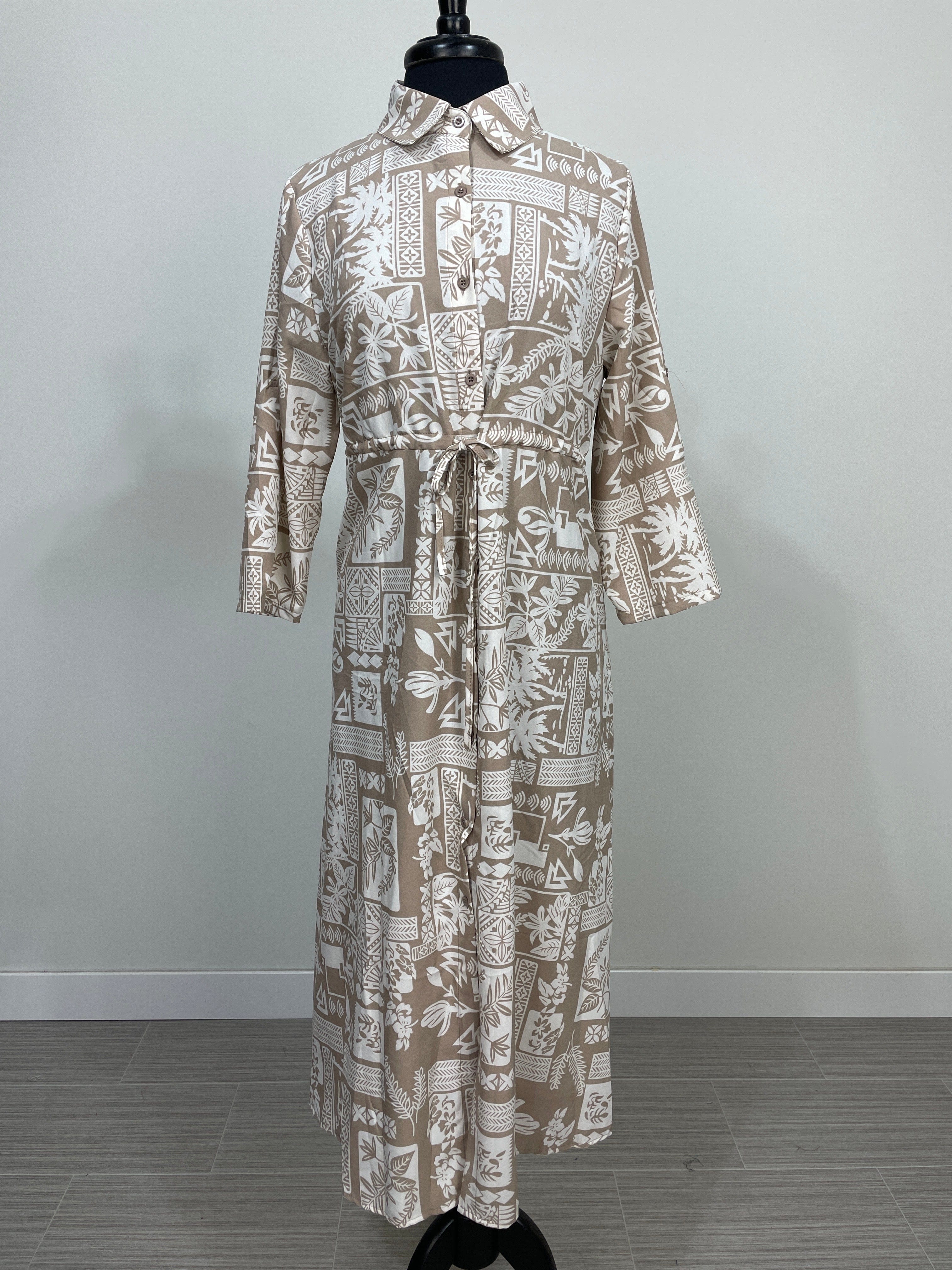 Beige Tropical Geo Print Maxi Dress