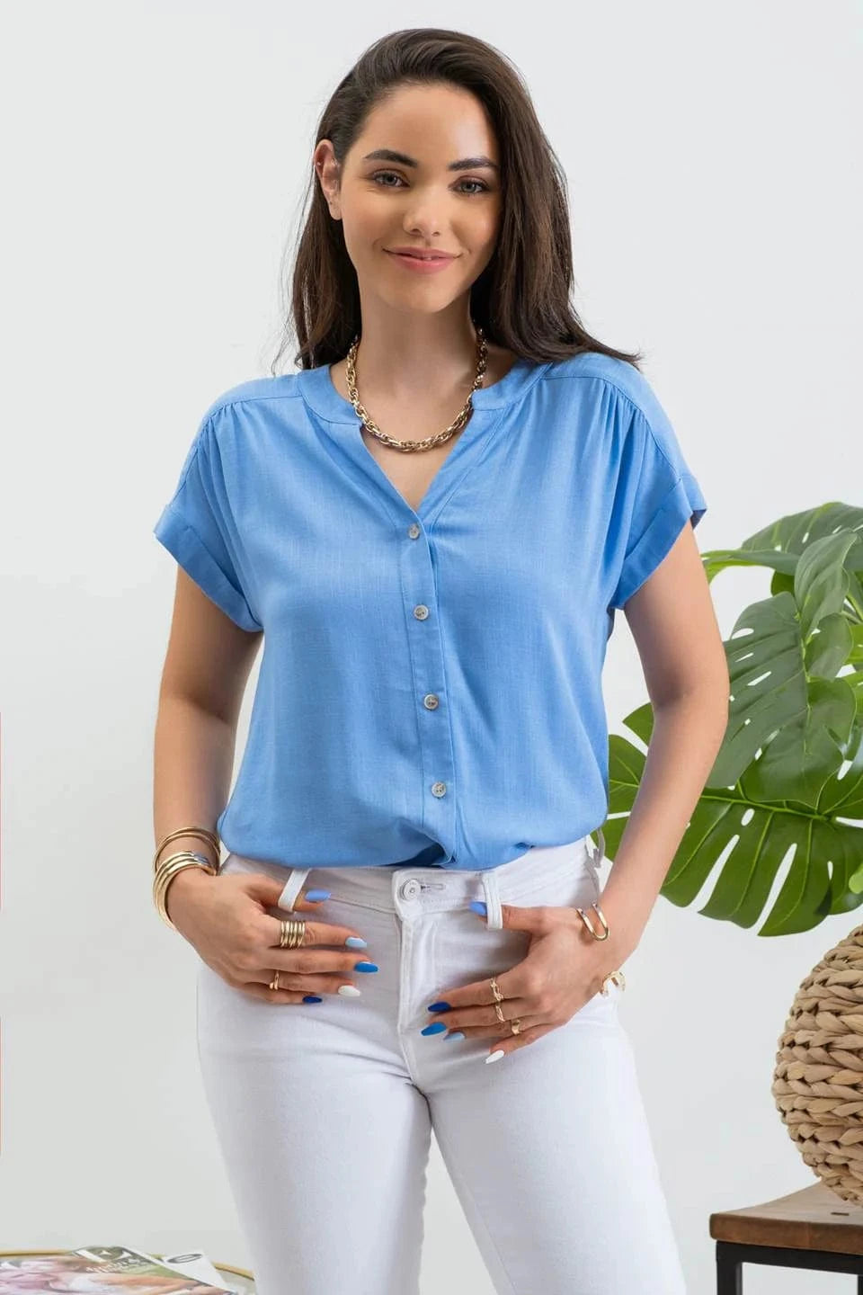 Blue Roll Sleeve Button Down Shirt
