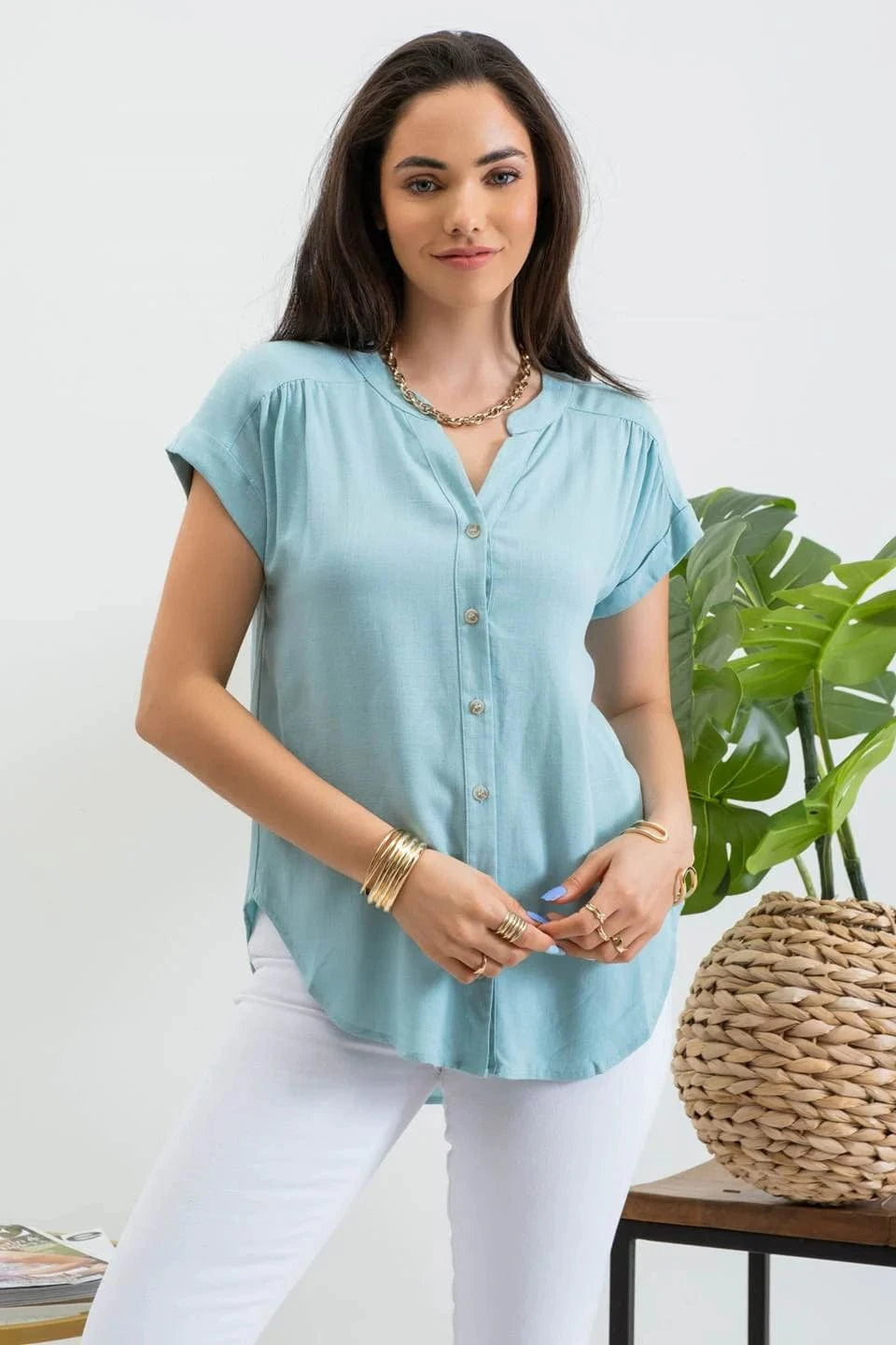Jade Roll Sleeve Button Down Shirt