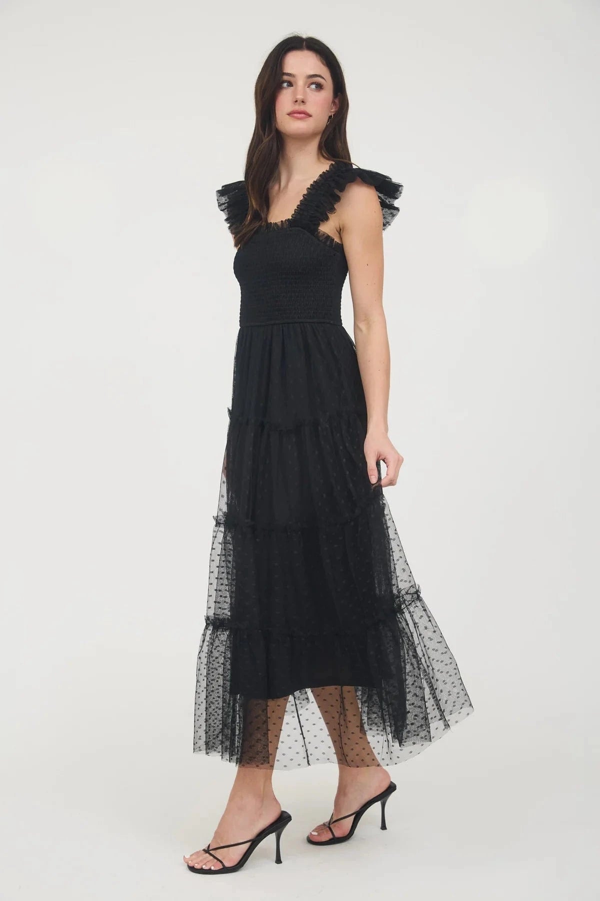Black Polka Dot Chiffon Smocked Tiered Dress