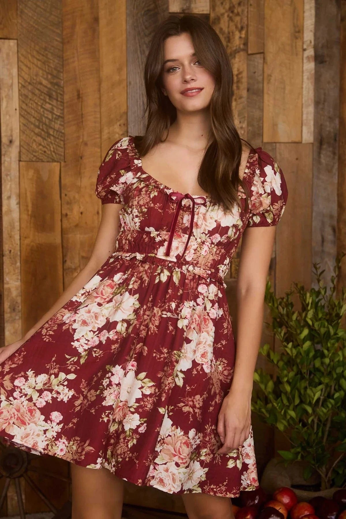 Burgundy Floral Ruffle Trim Mini Dress