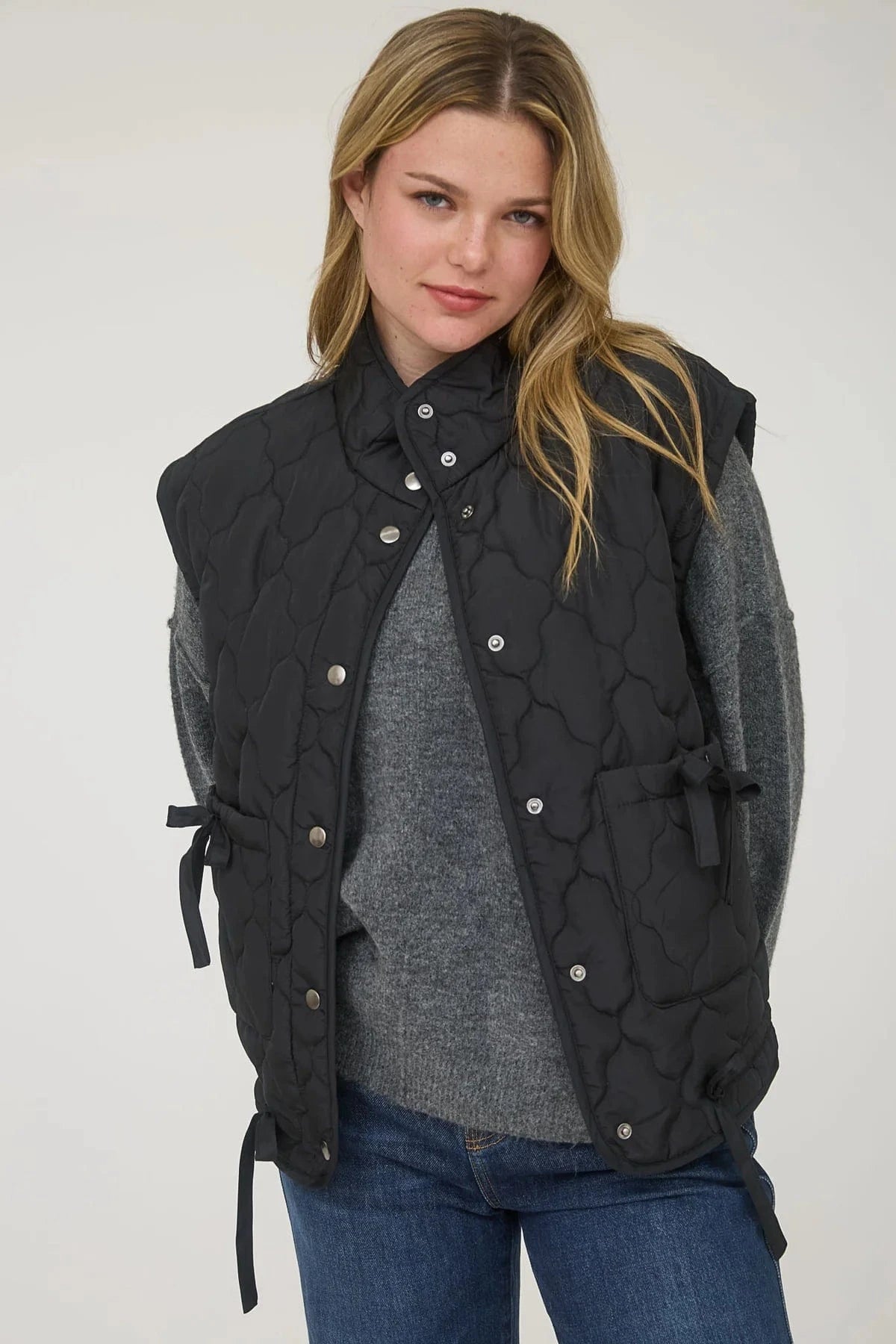 Black Tie Detail Quilted Puffer Vest
