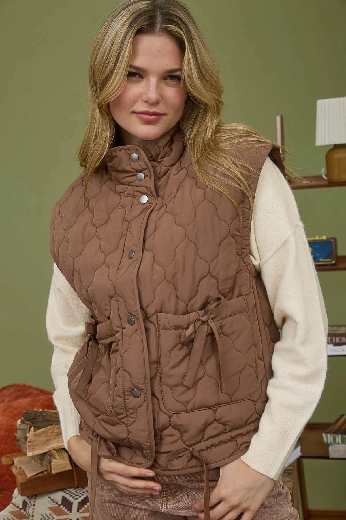 Brown Tie Detail Quilted Puffer Vest