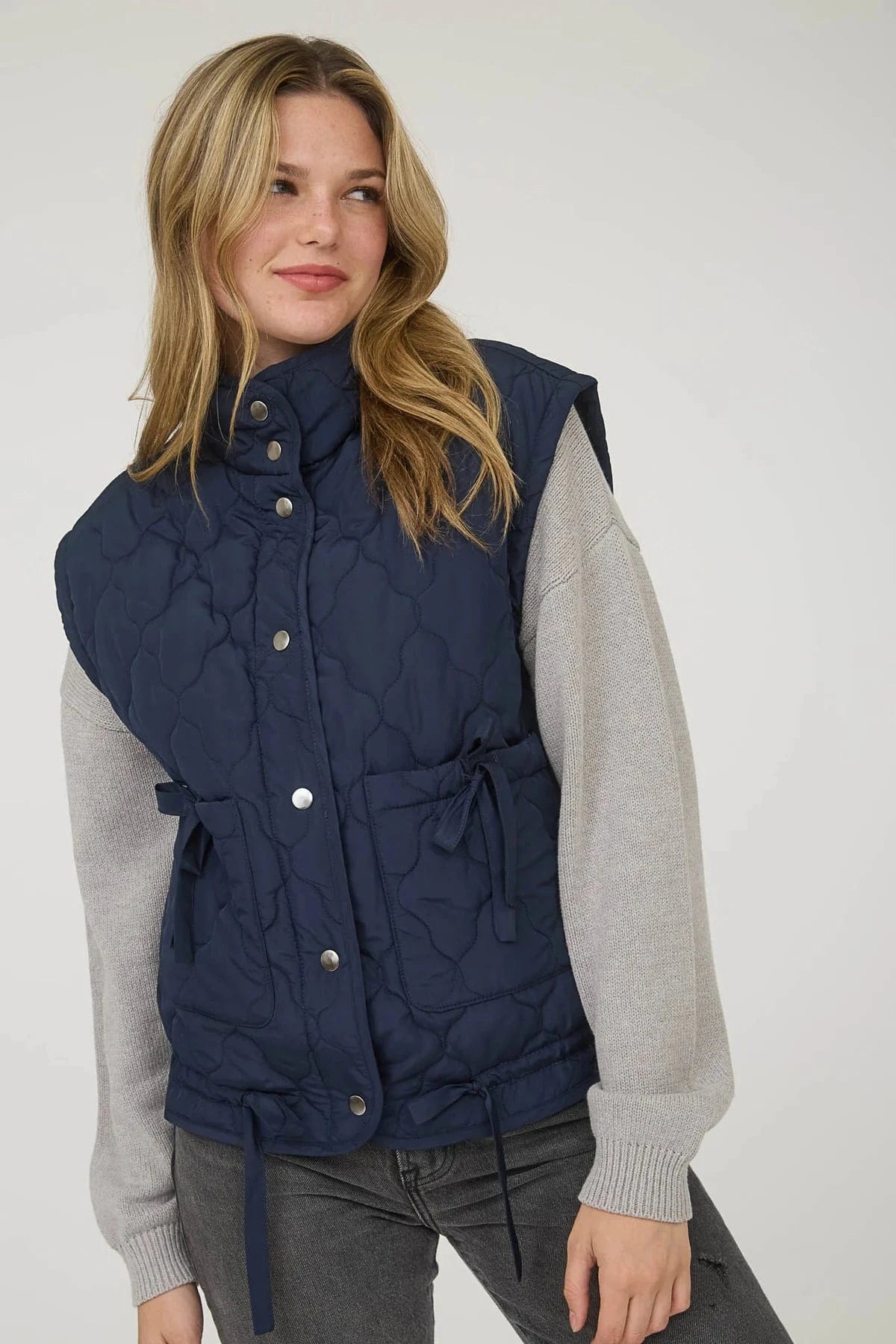 Navy Tie Detail Quilted Puffer Vest