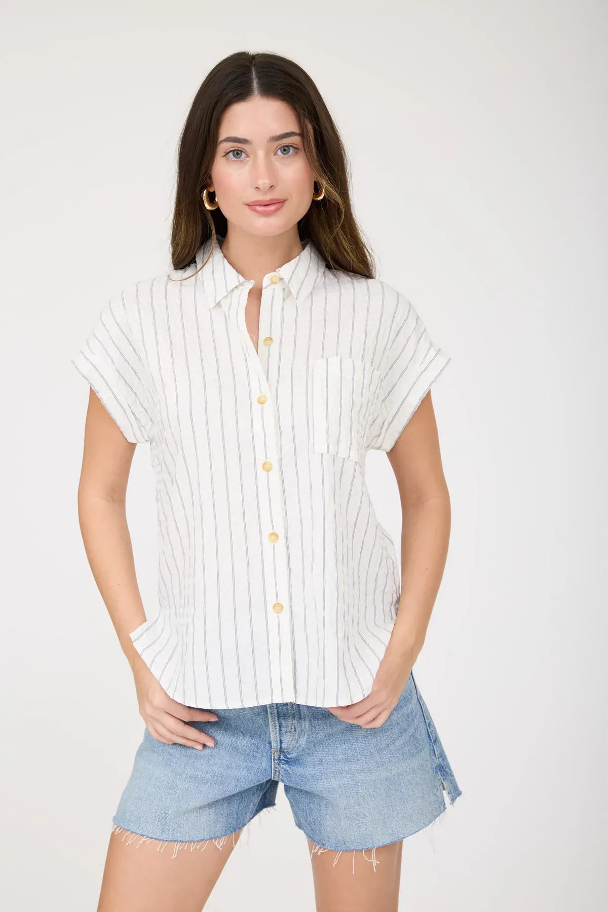 White & Navy Stripe Collared Shirt