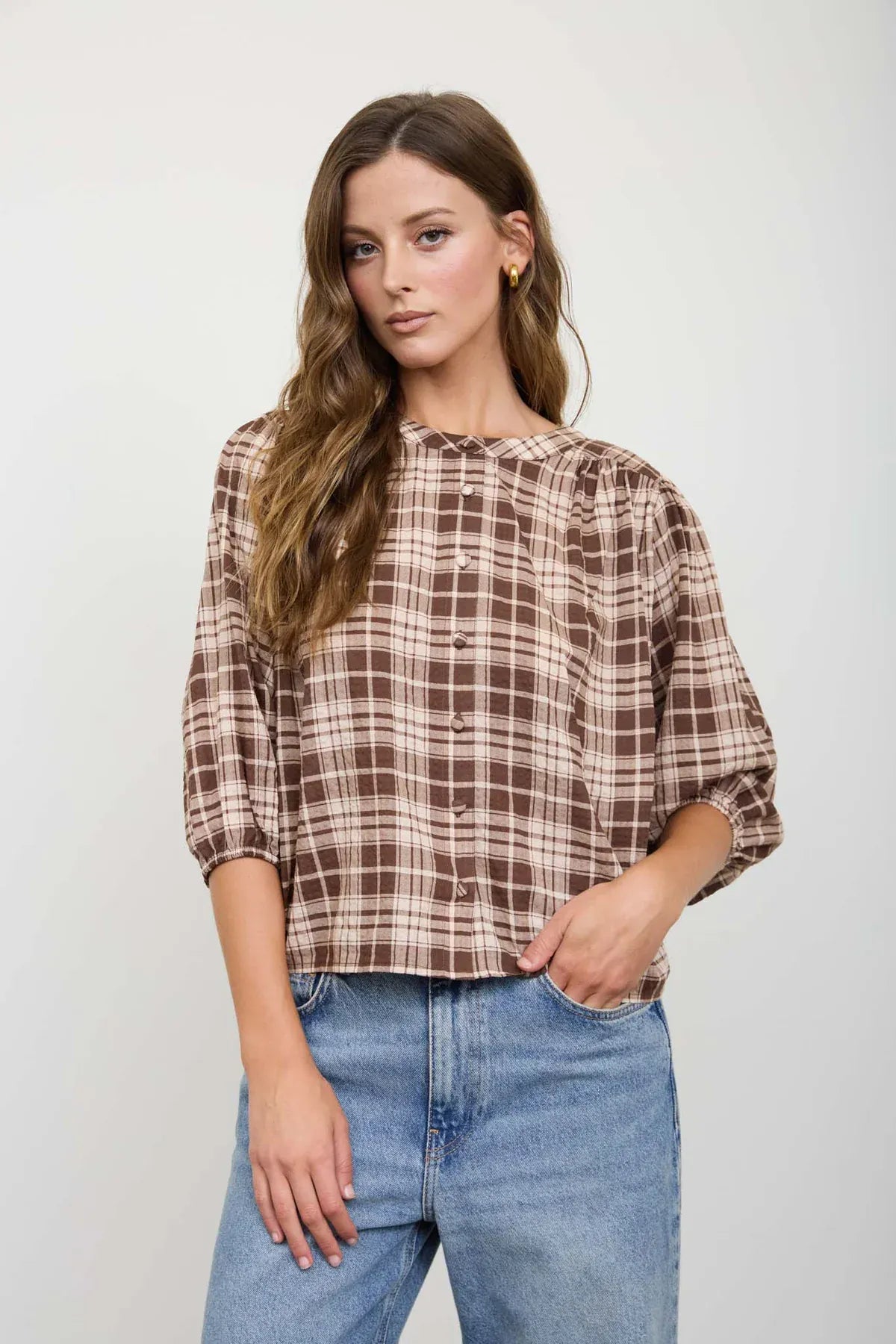 Brown Plaid Button Front 3/4 Sleeve Top