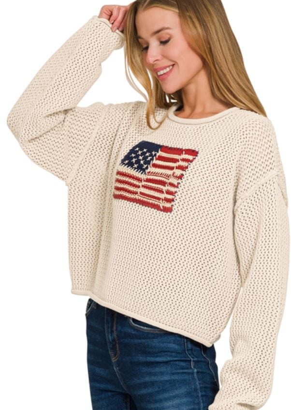 Sand Beige American Flag Crewneck Sweater