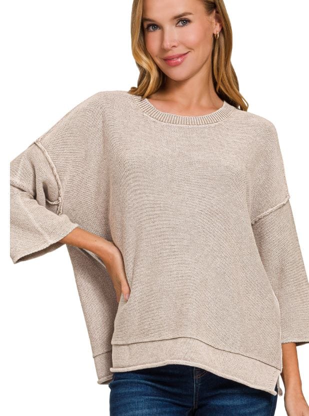 Light Mocha Washed 3/4 Sleeve Boxy Sweater