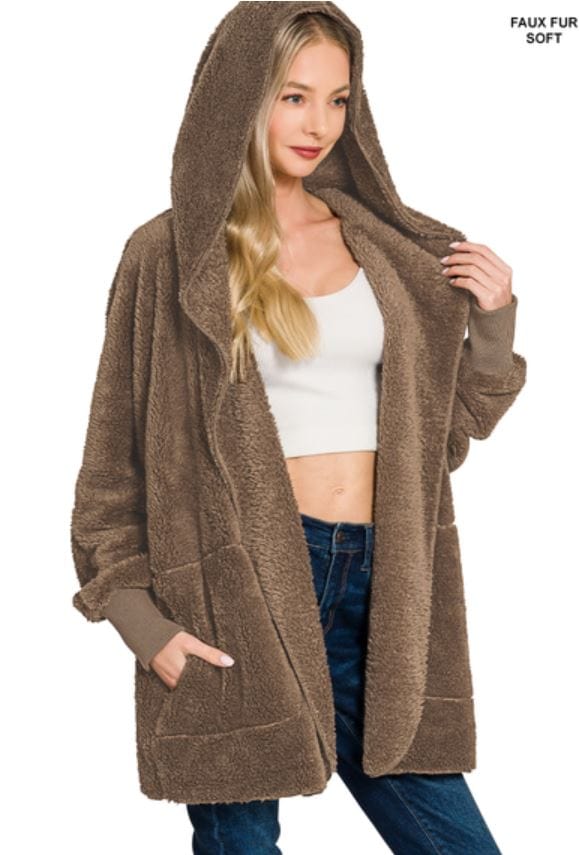 Mocha Hooded Faux Fur Jacket