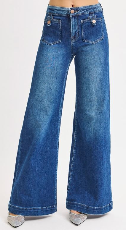 Mid Rise Front Patch Pocket Wide Denim