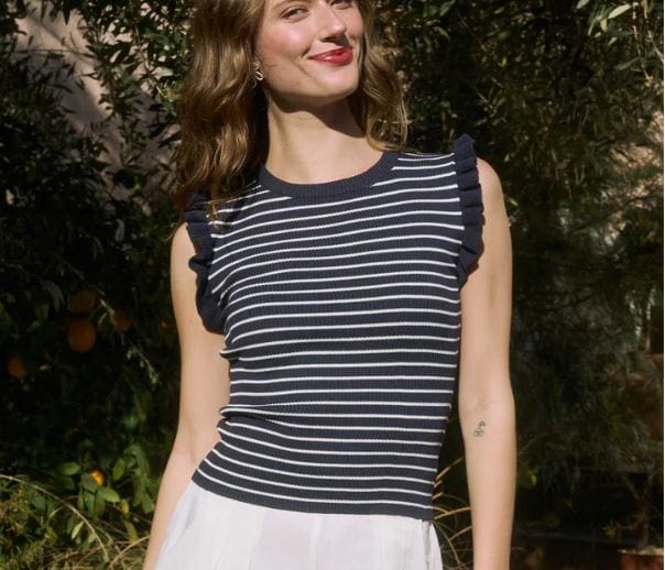 Navy Stripe Ruffle Sleeveless Sweater