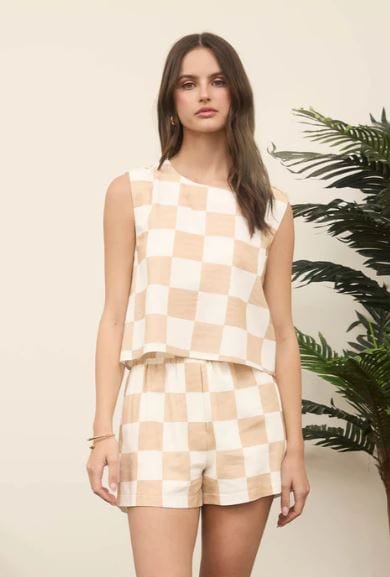 Brown Checkered Linen Shorts Set